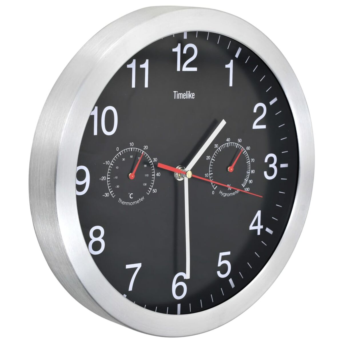 Eine Wanduhr mit schwarzem Zifferblatt, silbernem Rahmen und zwei Messgeräten.