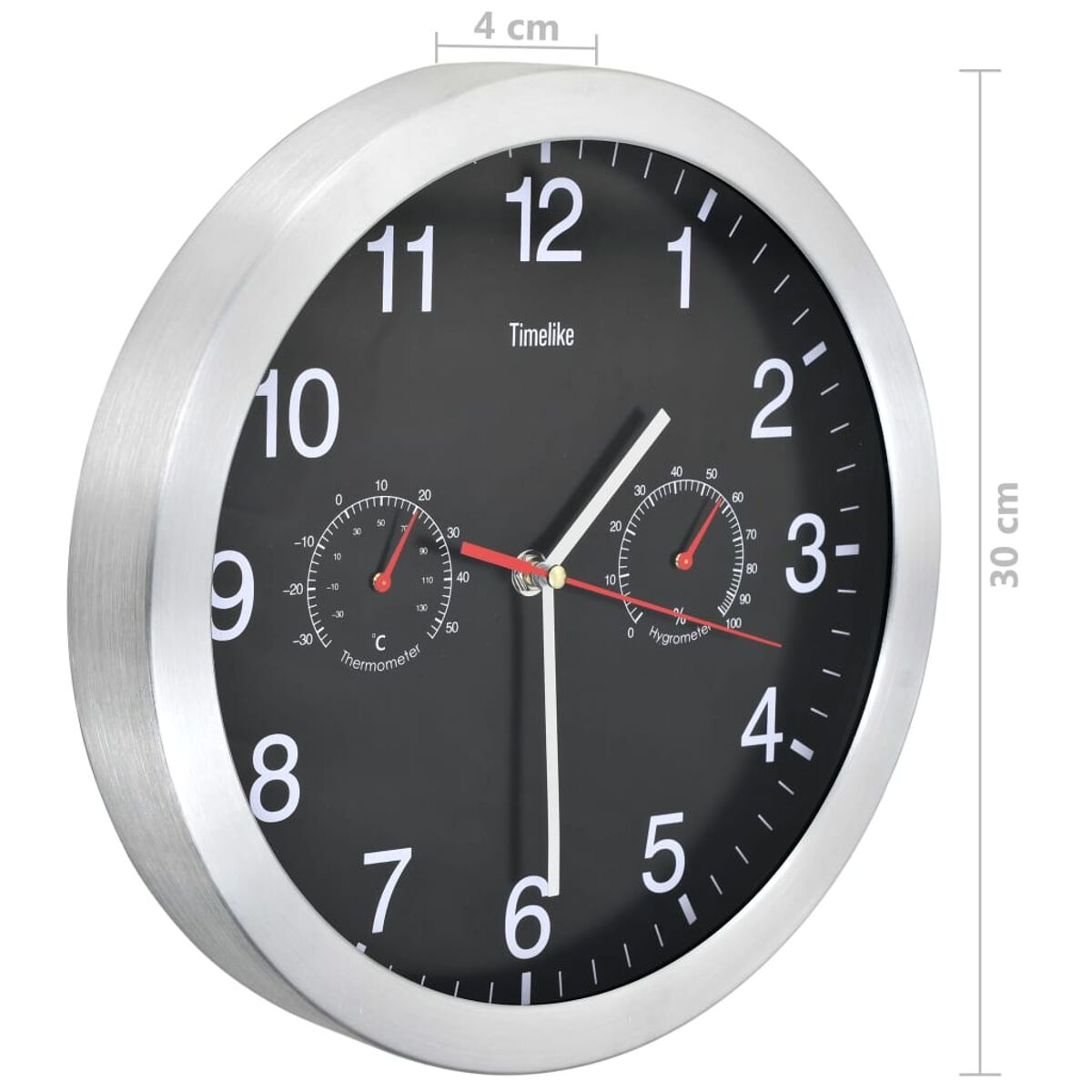 Eine Wanduhr mit schwarzem Zifferblatt, Thermometer und Hygrometer.