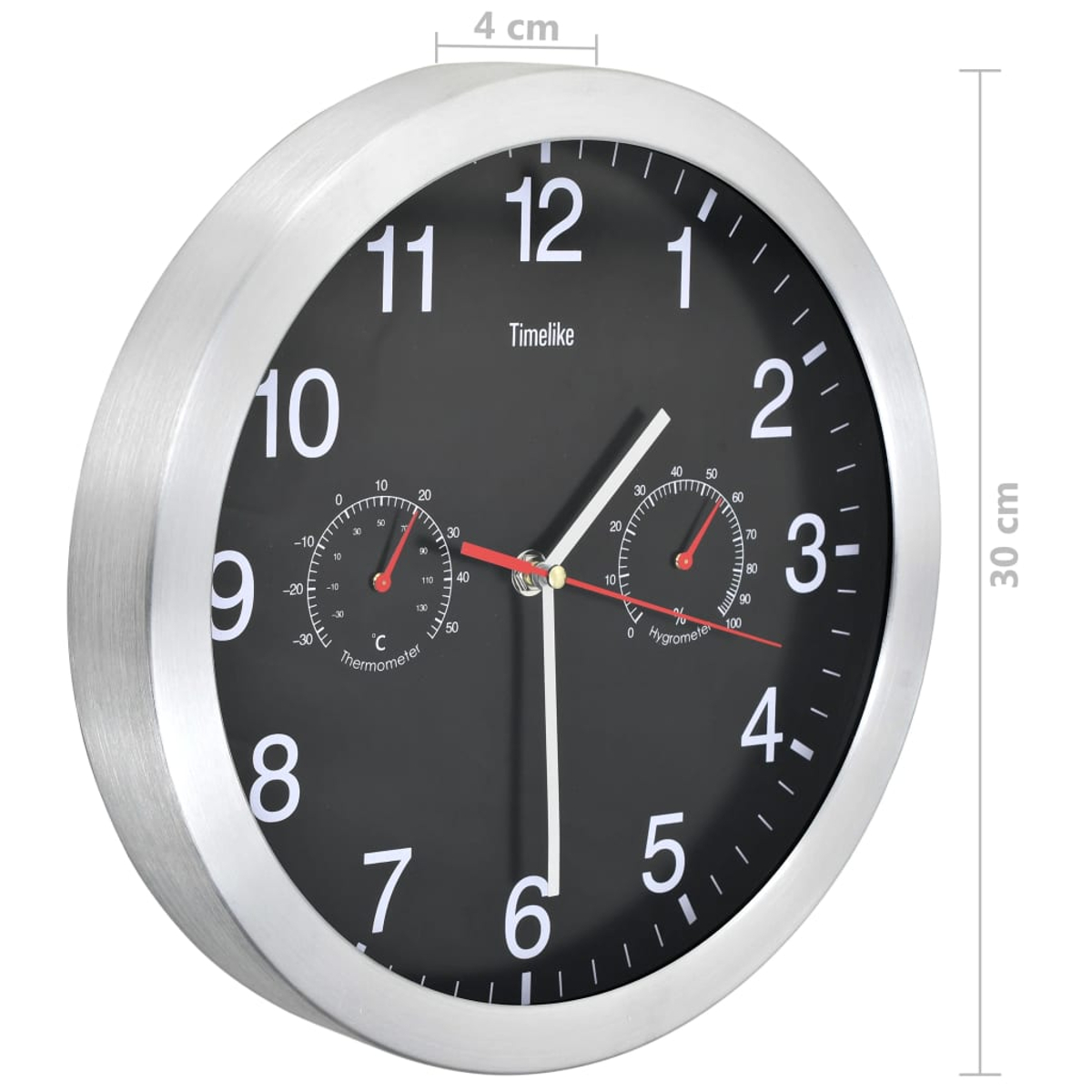 Eine Wanduhr mit Thermometer und Hygrometer, 30 cm Durchmesser.