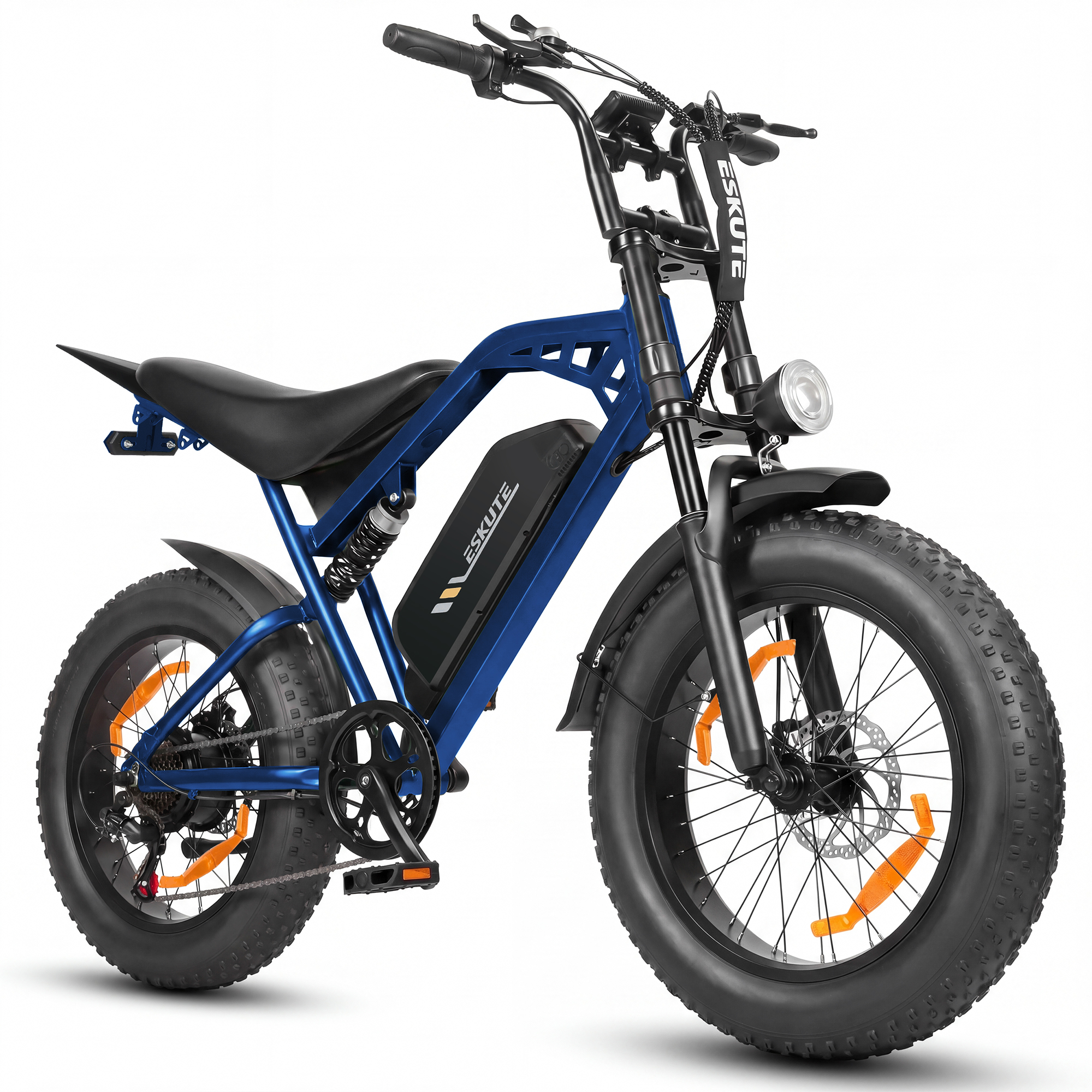 Niebieski rower elektryczny fatbike z grubymi oponami, czarnym siodłem i logo Eskute.