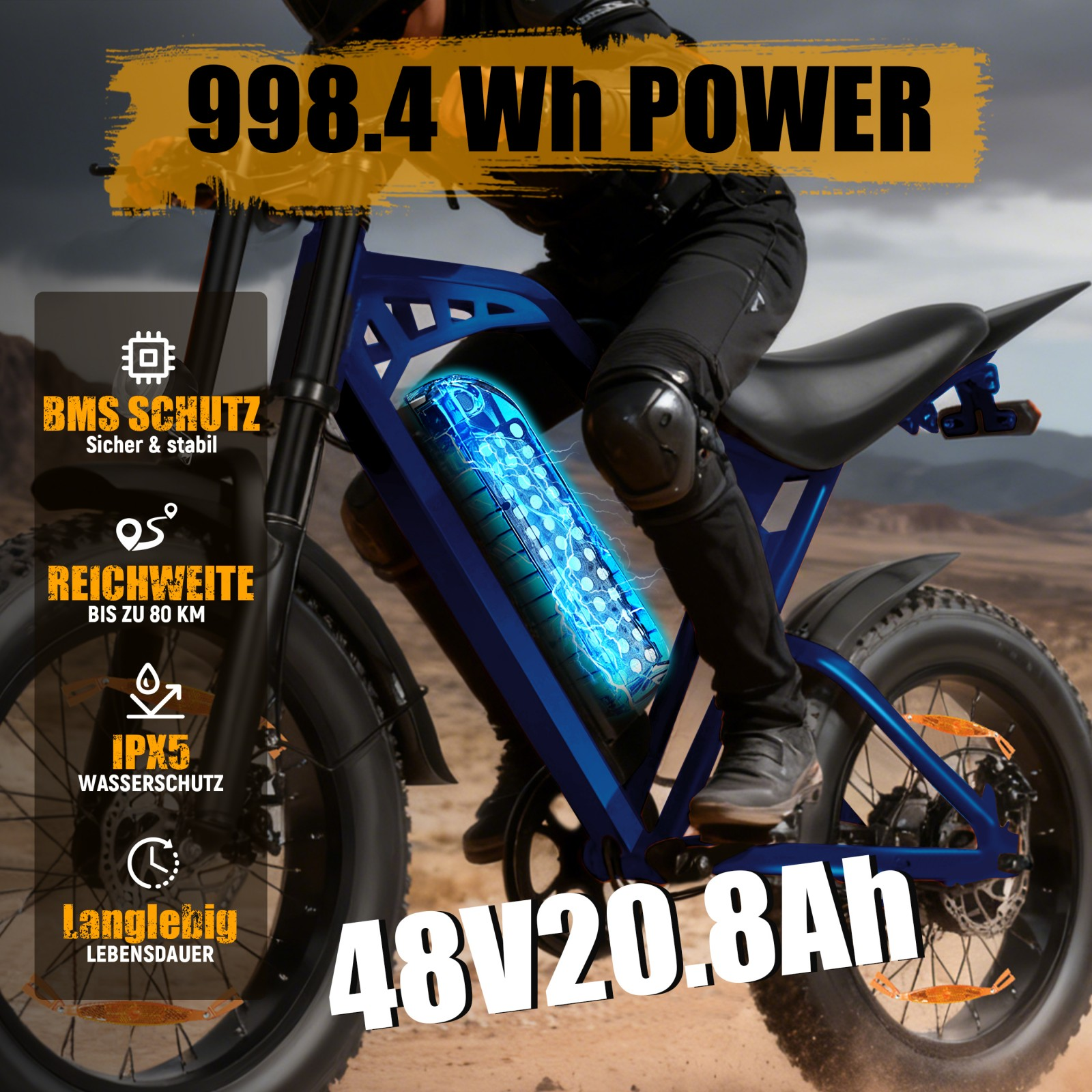 Osoba jedzie na niebieskim rowerze elektrycznym z podświetlaną baterią, moc 998,4 Wh.
