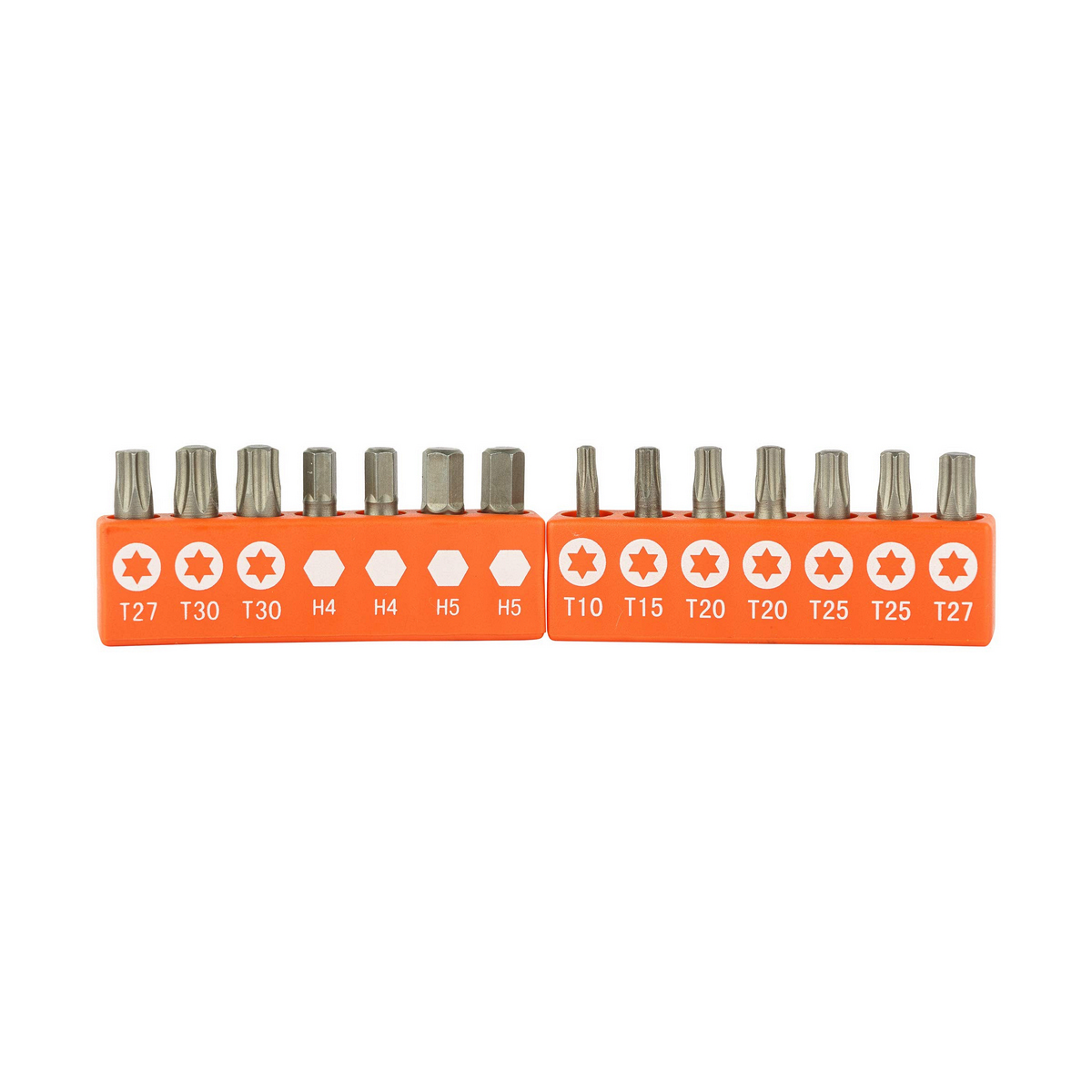 Ein Satz von 15 Torx- und Innensechskant-Bits in einer orangen Halterung.