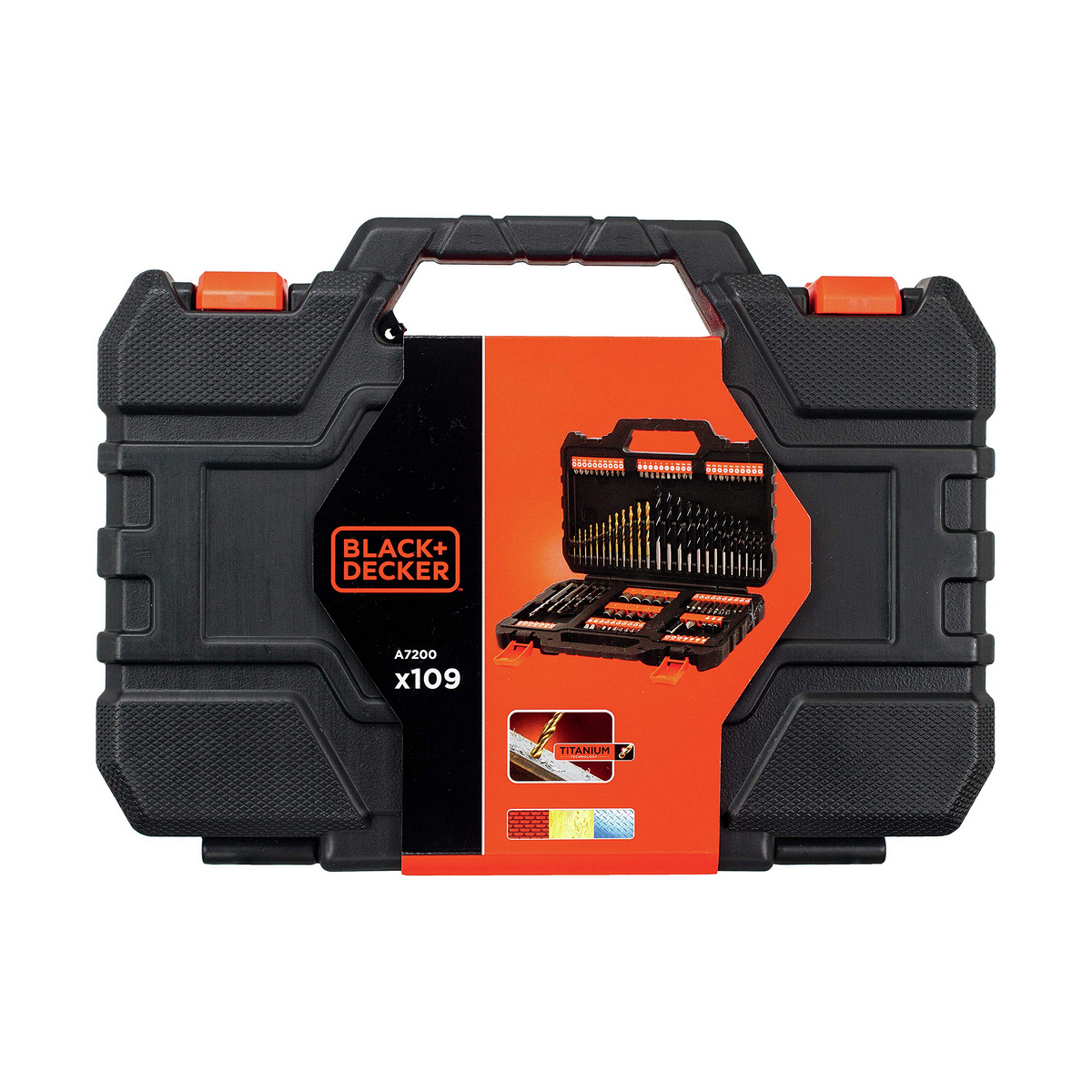 Schwarzer Koffer mit orangefarbenen Akzenten, geöffnet mit Bohrer-Set.