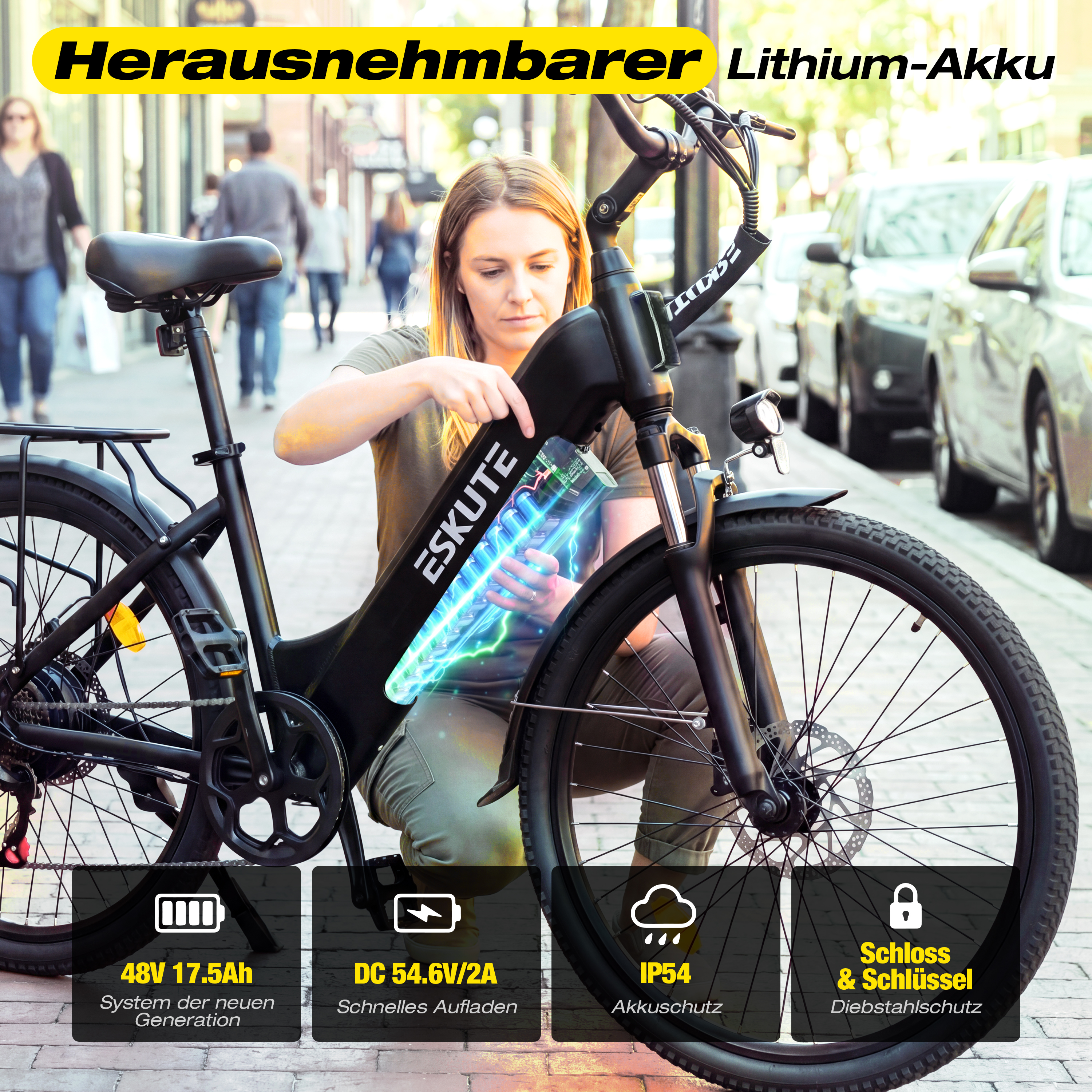 Kobieta wyjmuje wyjmowaną baterię litową z roweru elektrycznego. Detale: 48V, 54.6V/2A DC, IP54, zamek.