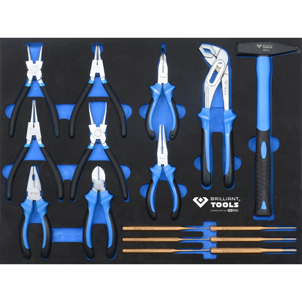 Werkzeugschublade mit Zangen, Hammer und Dornen. Blaue Griffe.