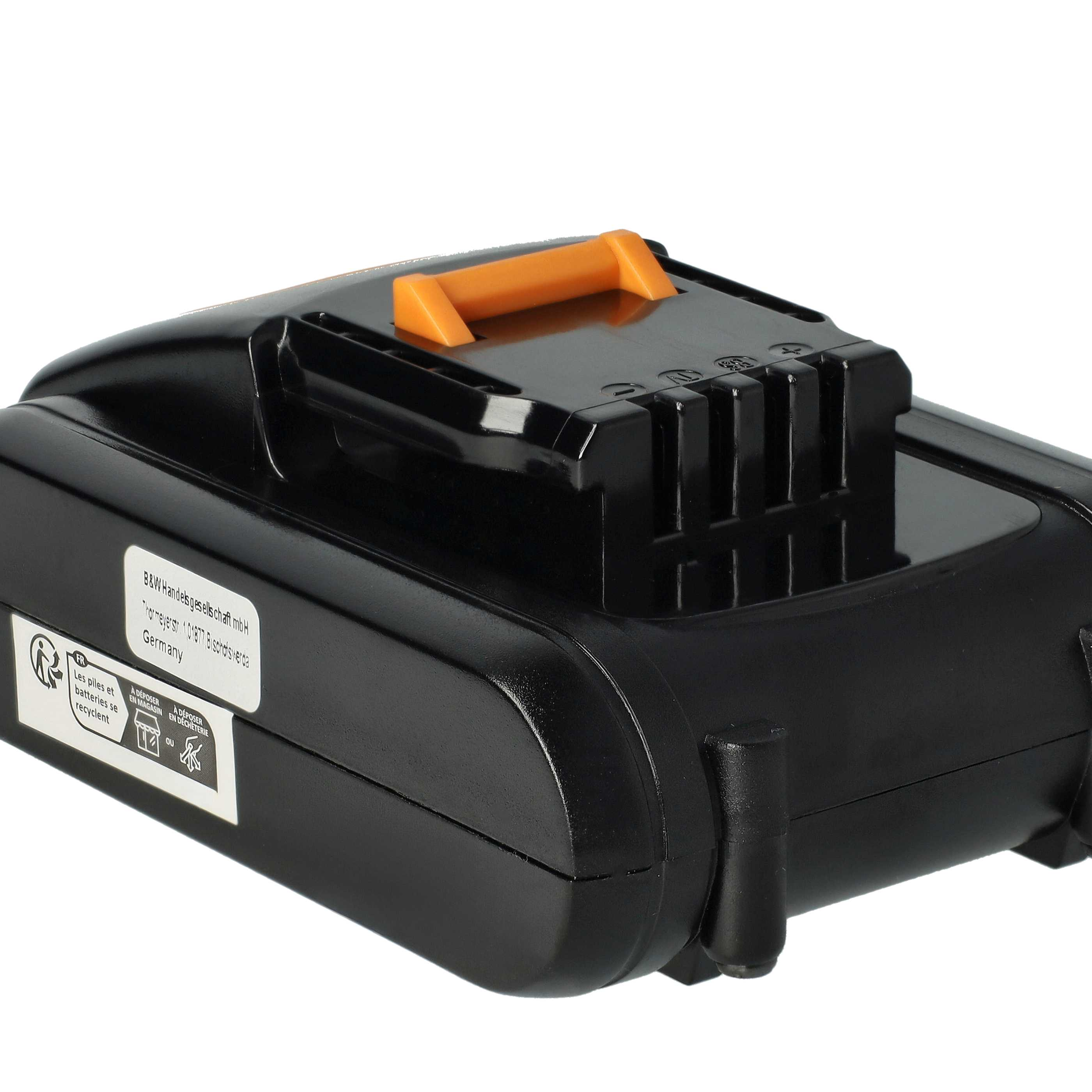 Schwarzer Akku mit orangefarbenem Griff und Recycling-Symbolen.