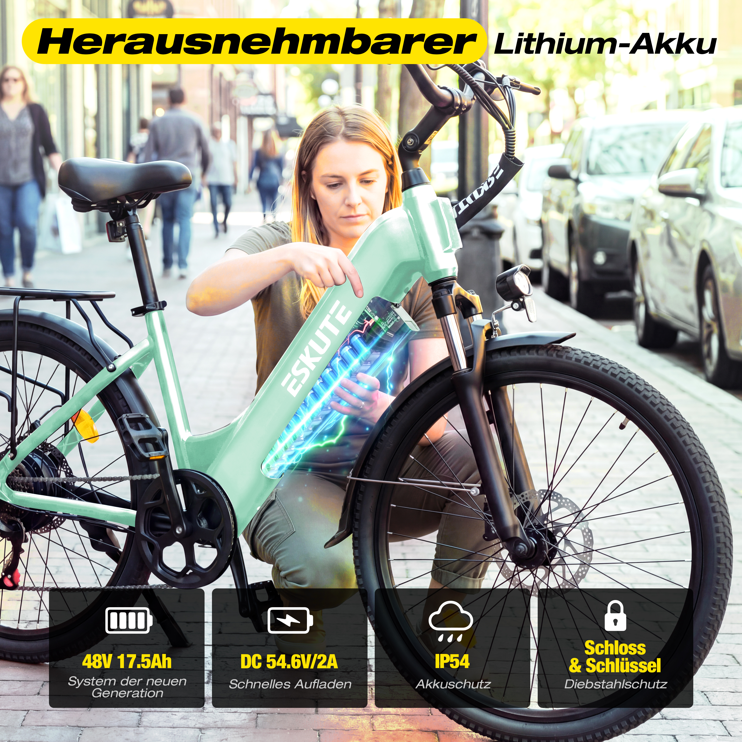 Kobieta wyjmuje wyjmowaną baterię litową z miętowo-zielonego roweru elektrycznego.