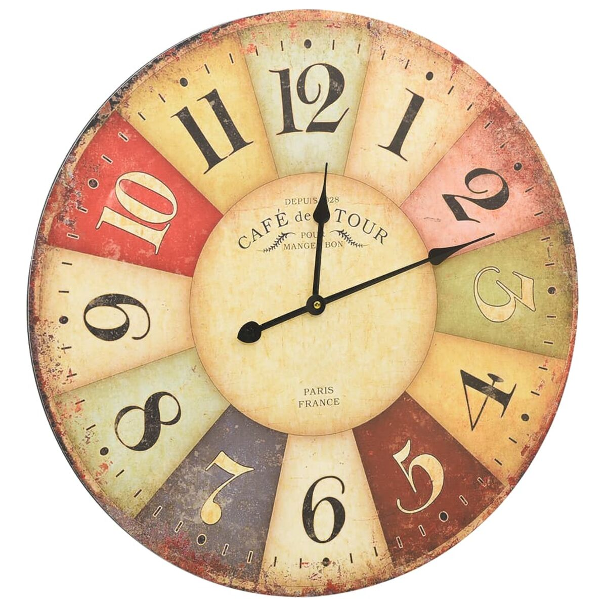 Eine Vintage-Wanduhr mit Zahlen von 1-12 und "Café de Tour"-Schriftzug.