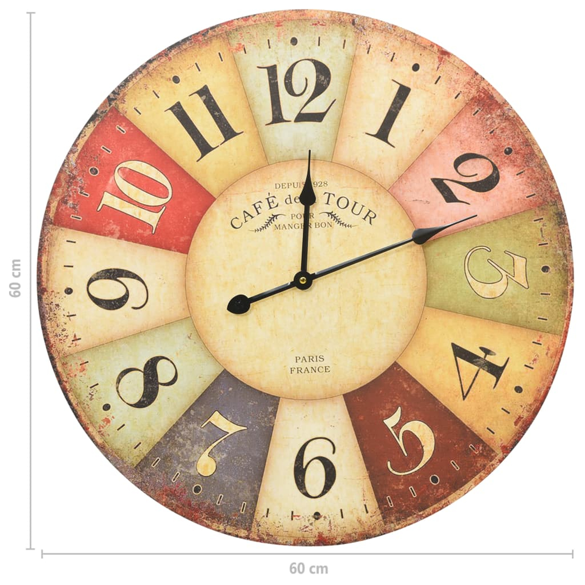 Eine runde Wanduhr im Vintage-Stil mit Zahlen von 1 bis 12 und zweifarbigen Sektoren.