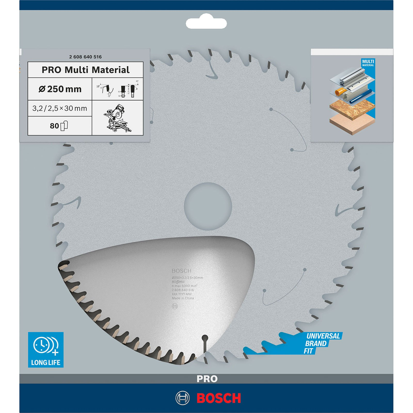 Bosch Kreissägeblatt "PRO Multi Material", 250mm, 80 Zähne, mit Produktinformationen und Symbolen.