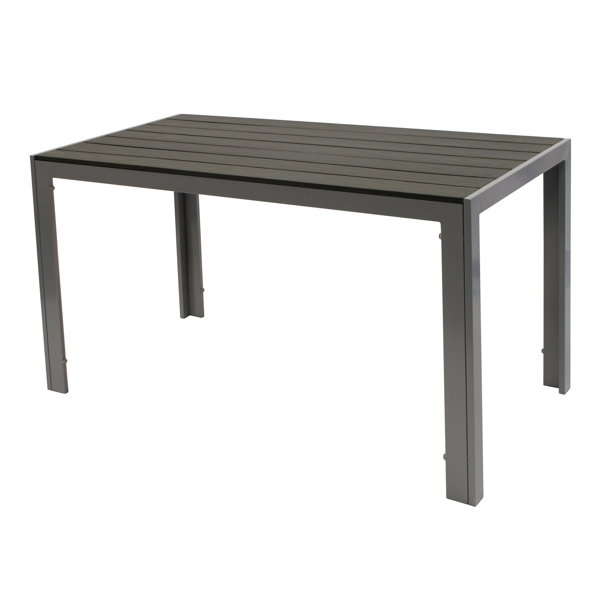 Ein rechteckiger Tisch mit dunkelgrauer Lamellenplatte und grauem Metallrahmen.