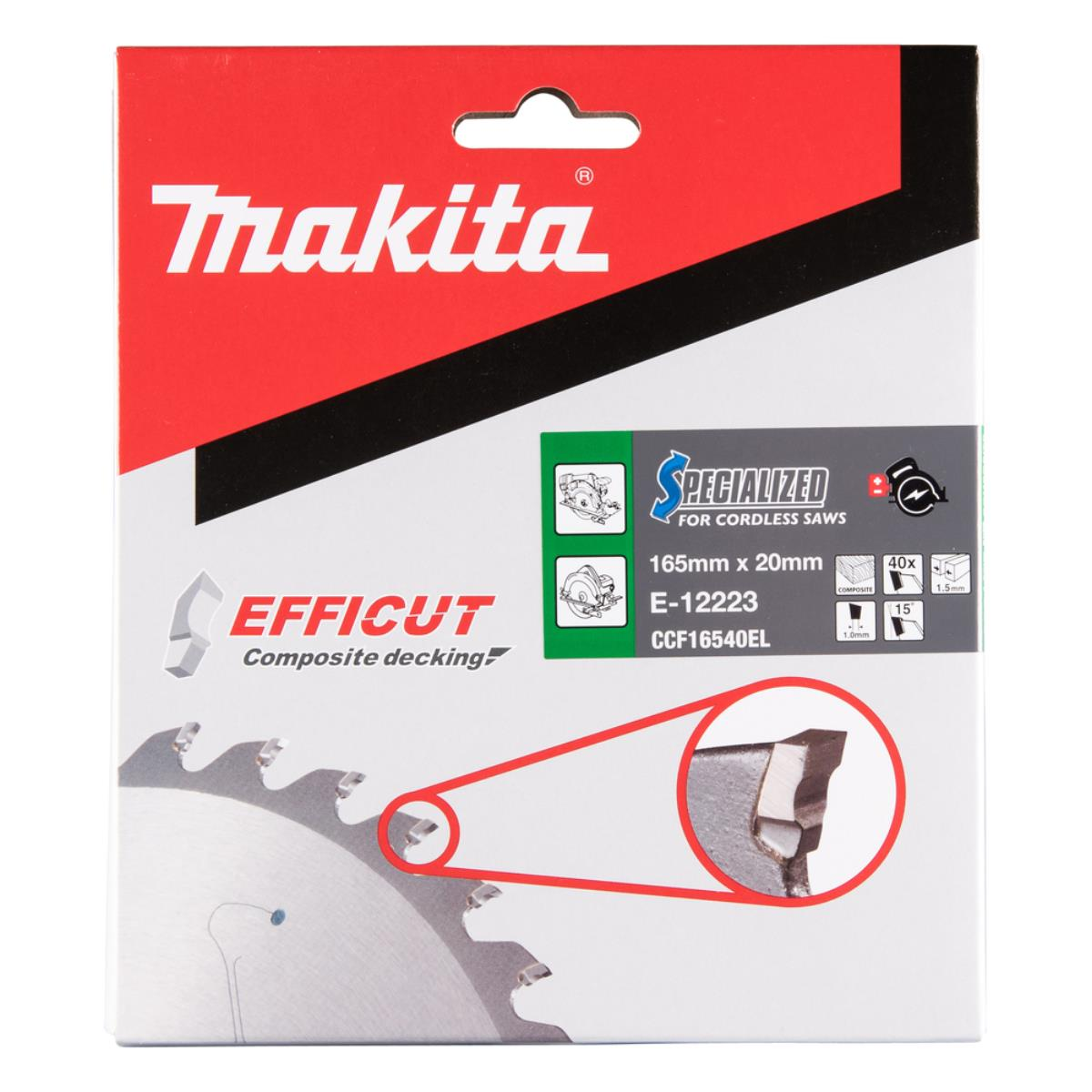 Makita Efficut Verbundwerkstoff-Terrassendielen-Sägeblattverpackung mit Nahaufnahme der Zähne.