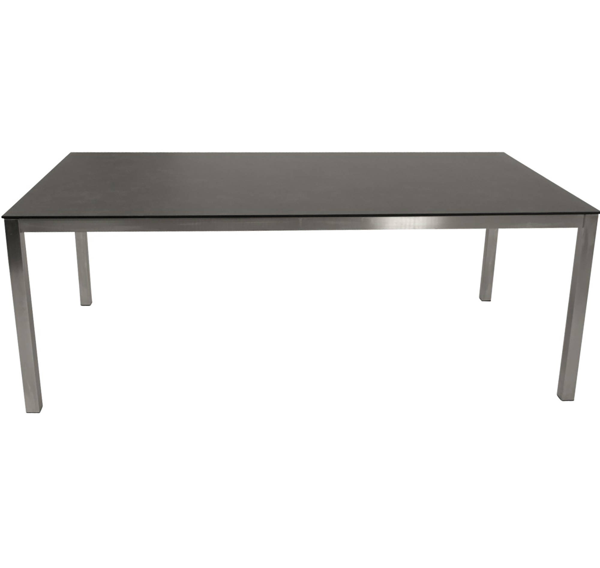 Ein rechteckiger Tisch mit schwarzer Glasplatte und Metallbeinen.