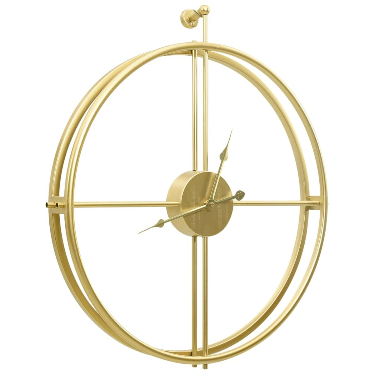 Eine große, runde, goldene Wanduhr aus Metall mit minimalistischen römischen Ziffern.