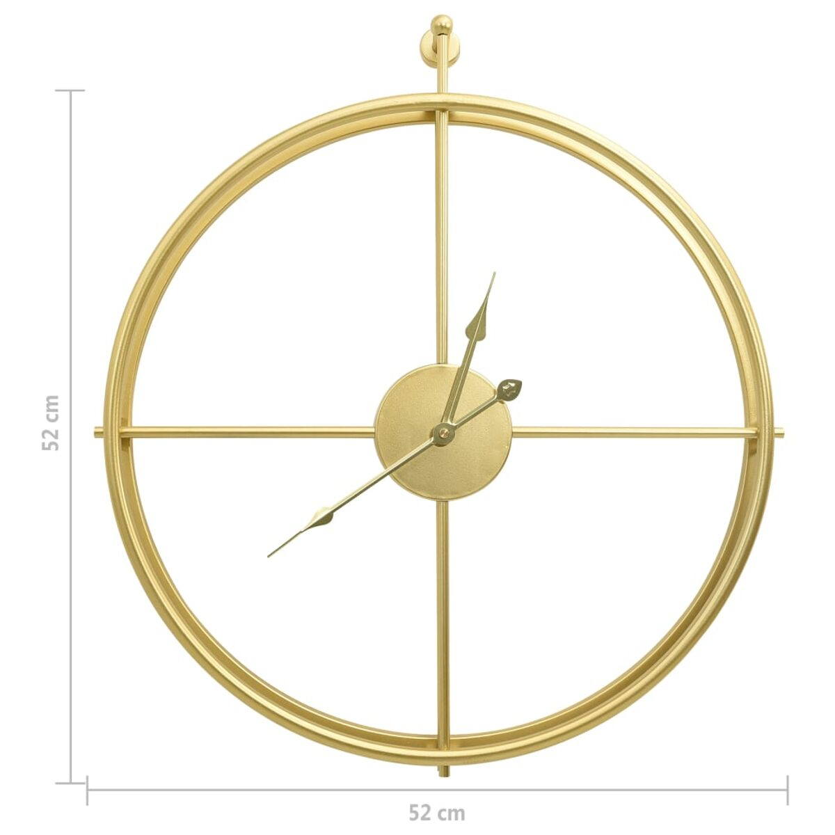 Eine goldene Wanduhr mit einem offenen Kreisrahmen und Zeigern.
