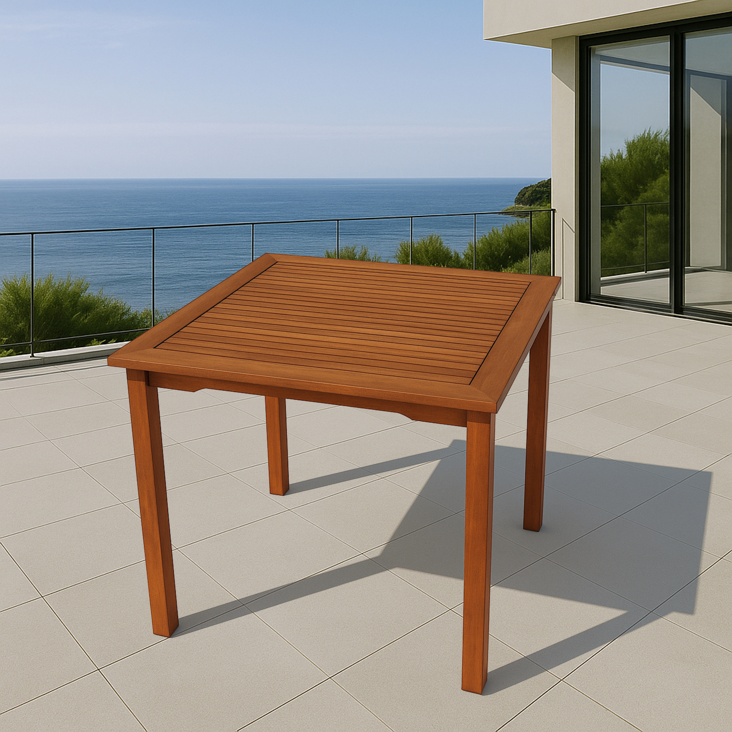 Ein hölzerner Tisch steht auf einer gefliesten Terrasse mit Blick aufs Meer.