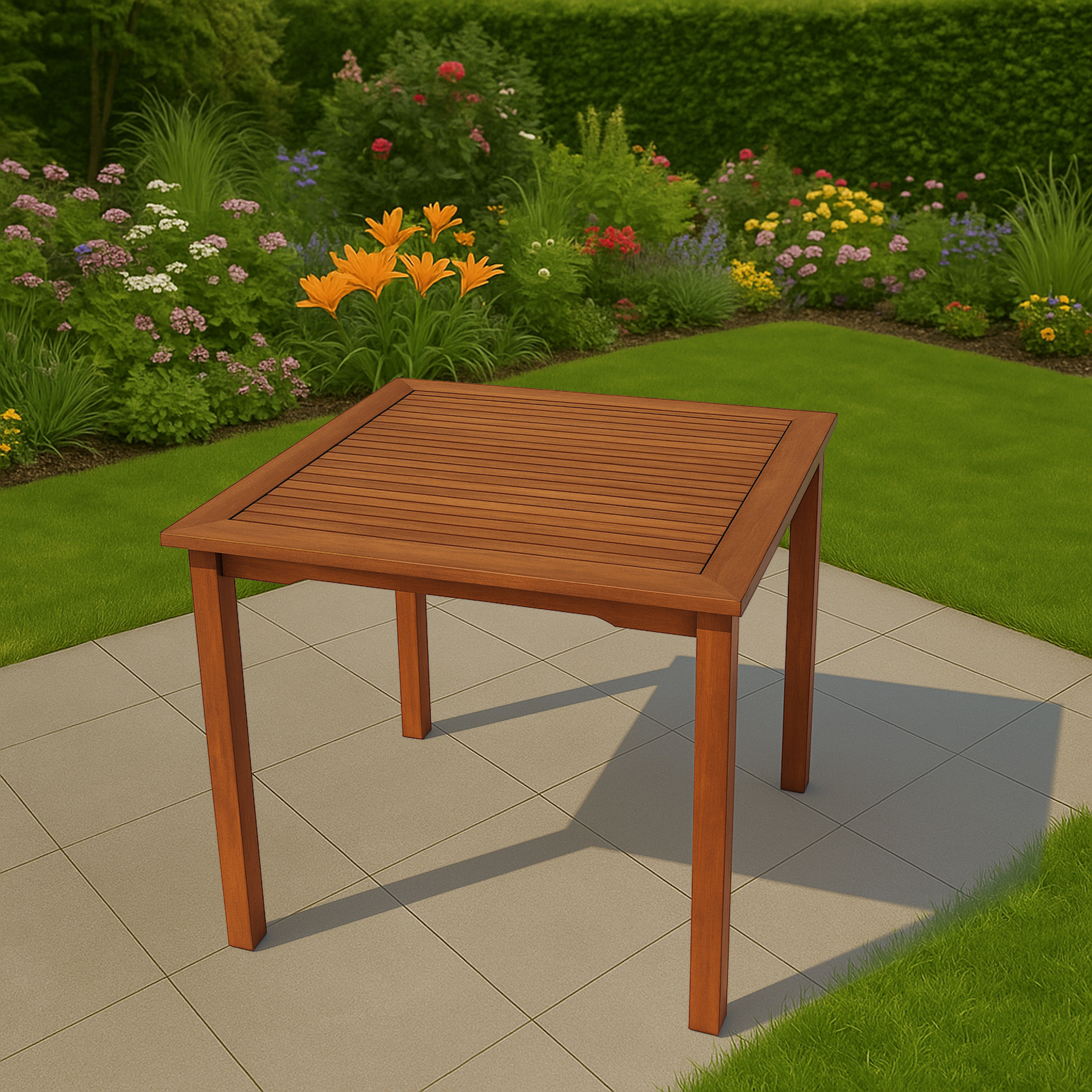 Ein hölzerner Gartentisch steht auf einer gepflasterten Fläche, umgeben von üppiger grüner Wiese und Blumen.