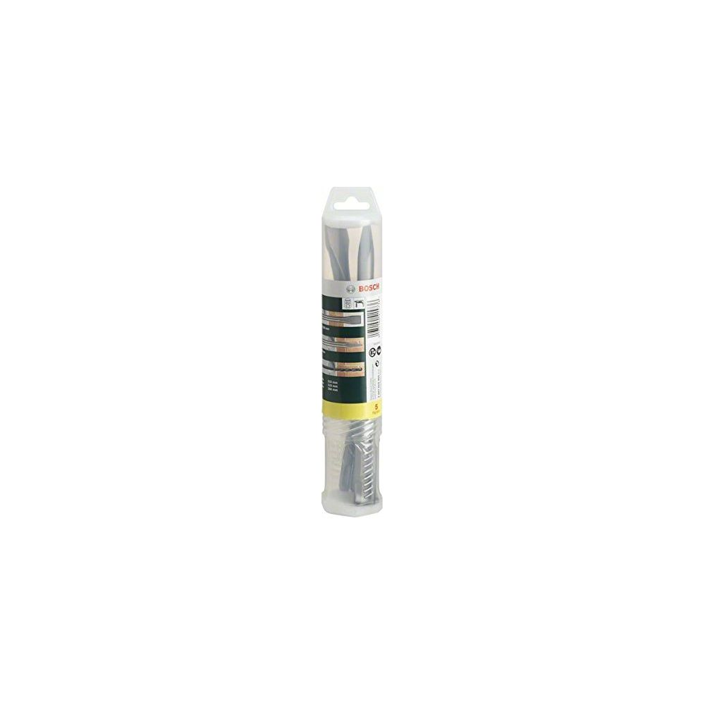 Durchsichtige Verpackung mit Bosch-Bohrern, silberfarben, mit gelbem Etikett.