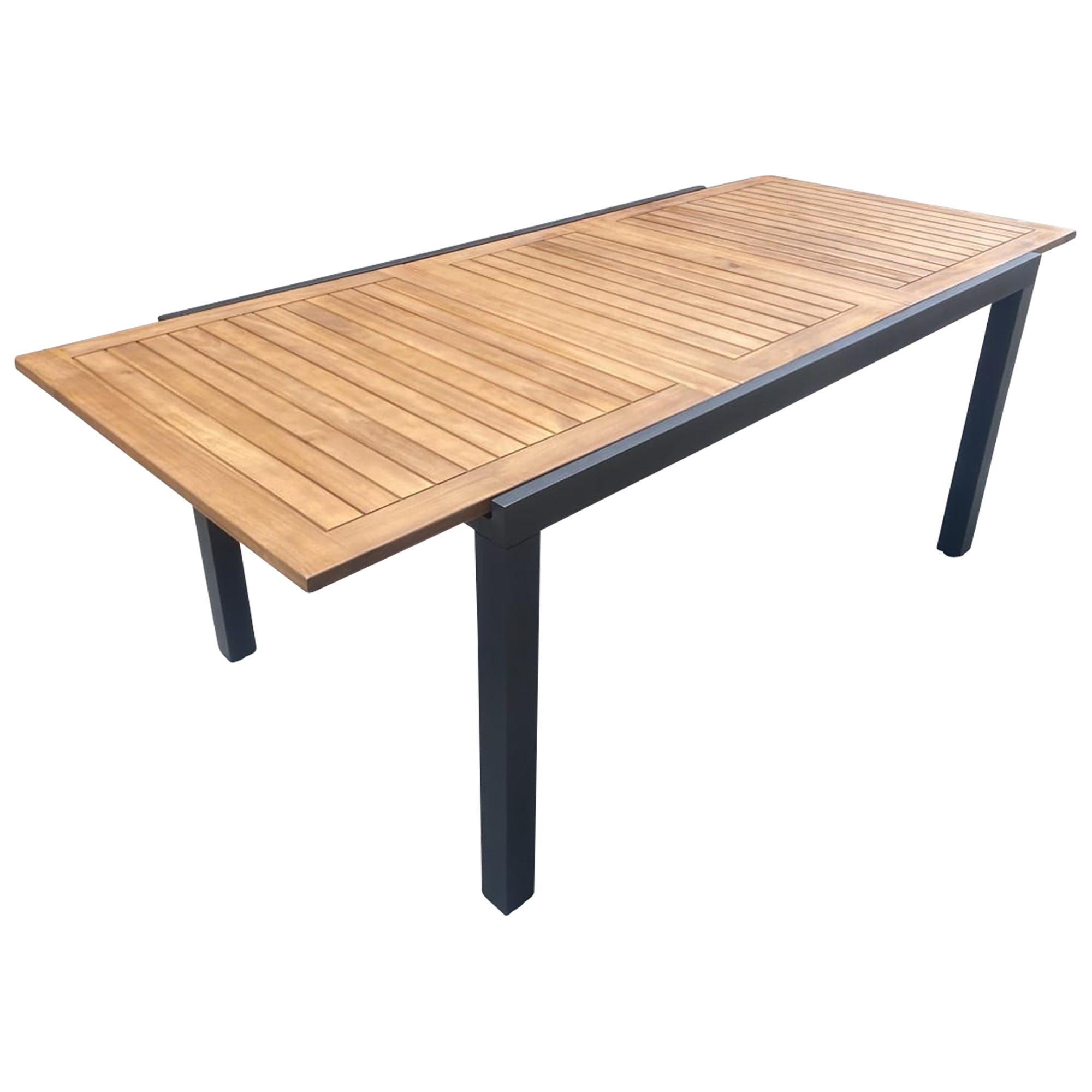 Ein ausziehbarer Holztisch mit schwarzem Metallgestell und Lamellenplatte.