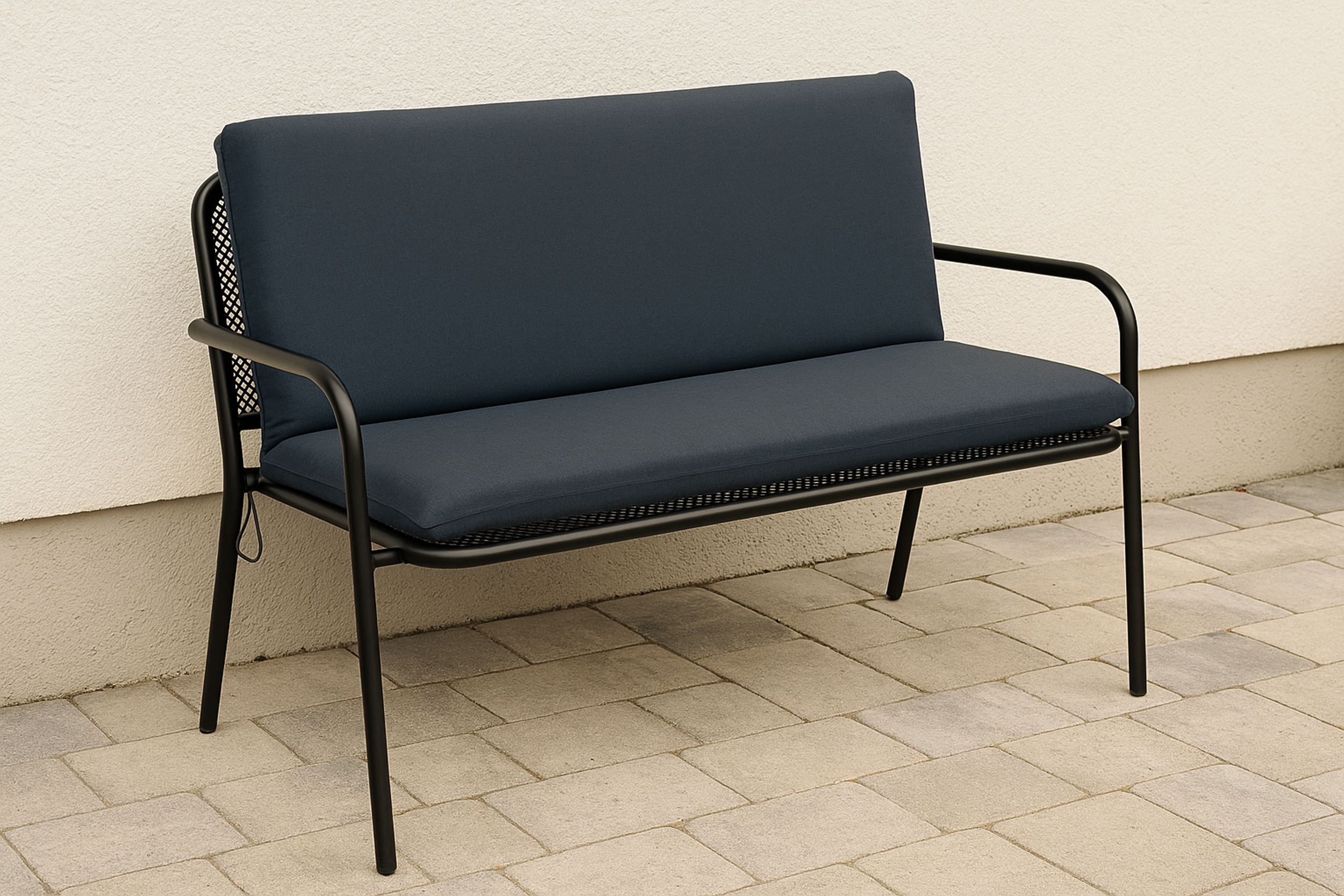 Eine dunkelblaue Gartenbank mit schwarzem Metallgestell steht auf gepflastertem Boden.