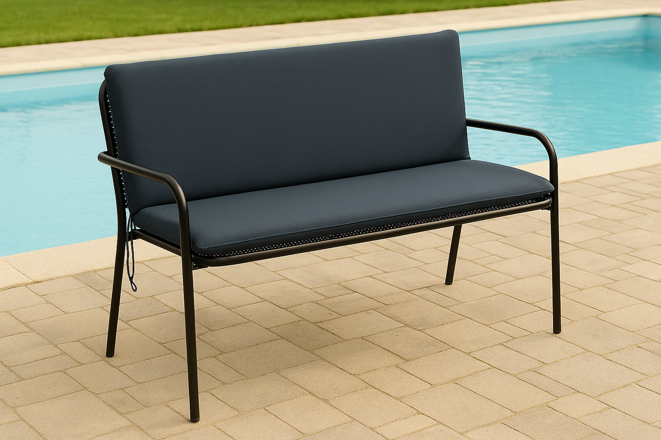Ein dunkles Gartensofa steht auf einer gepflasterten Terrasse neben einem Pool.