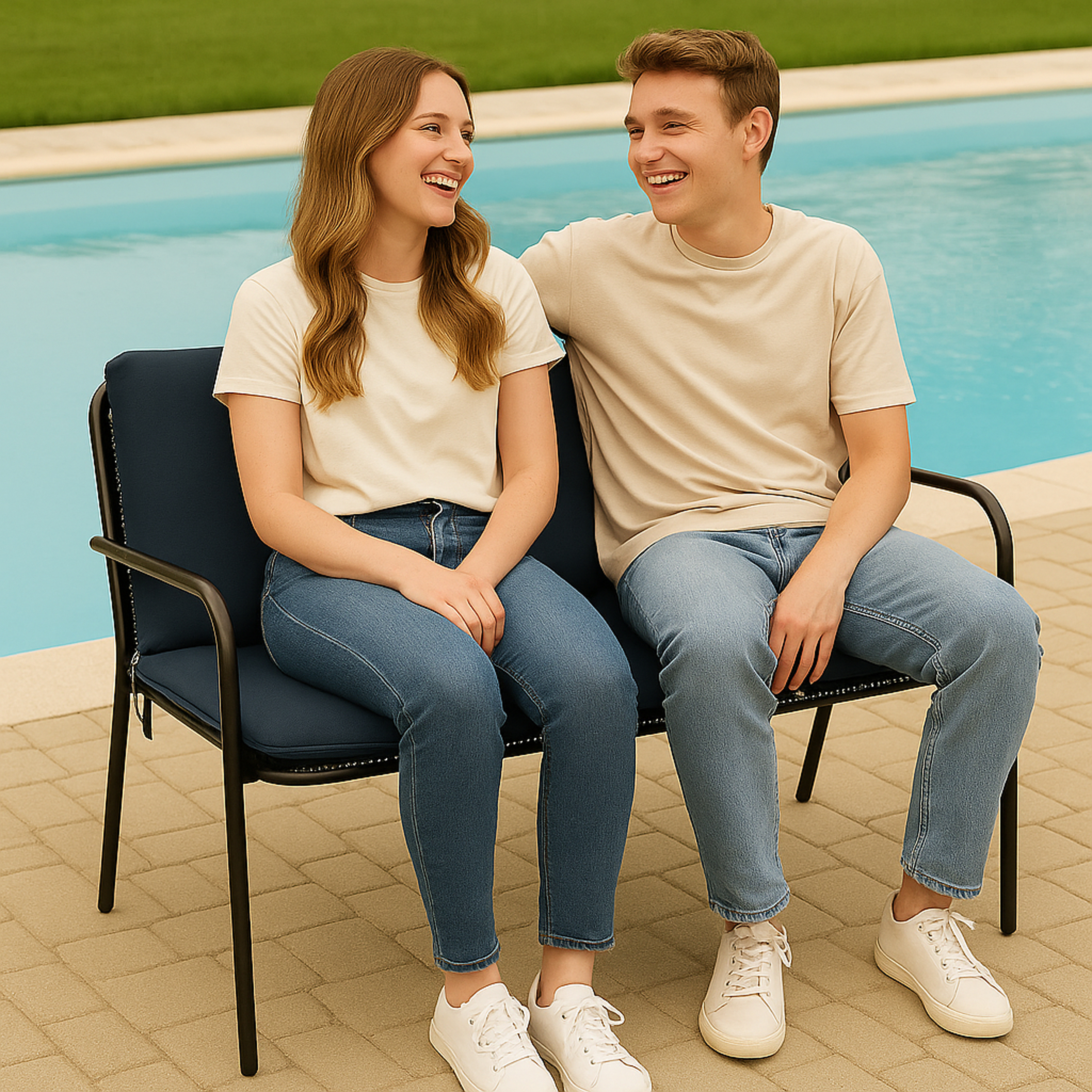 Ein junges Paar sitzt auf einer dunklen Bank neben einem blauen Pool, lächelnd.