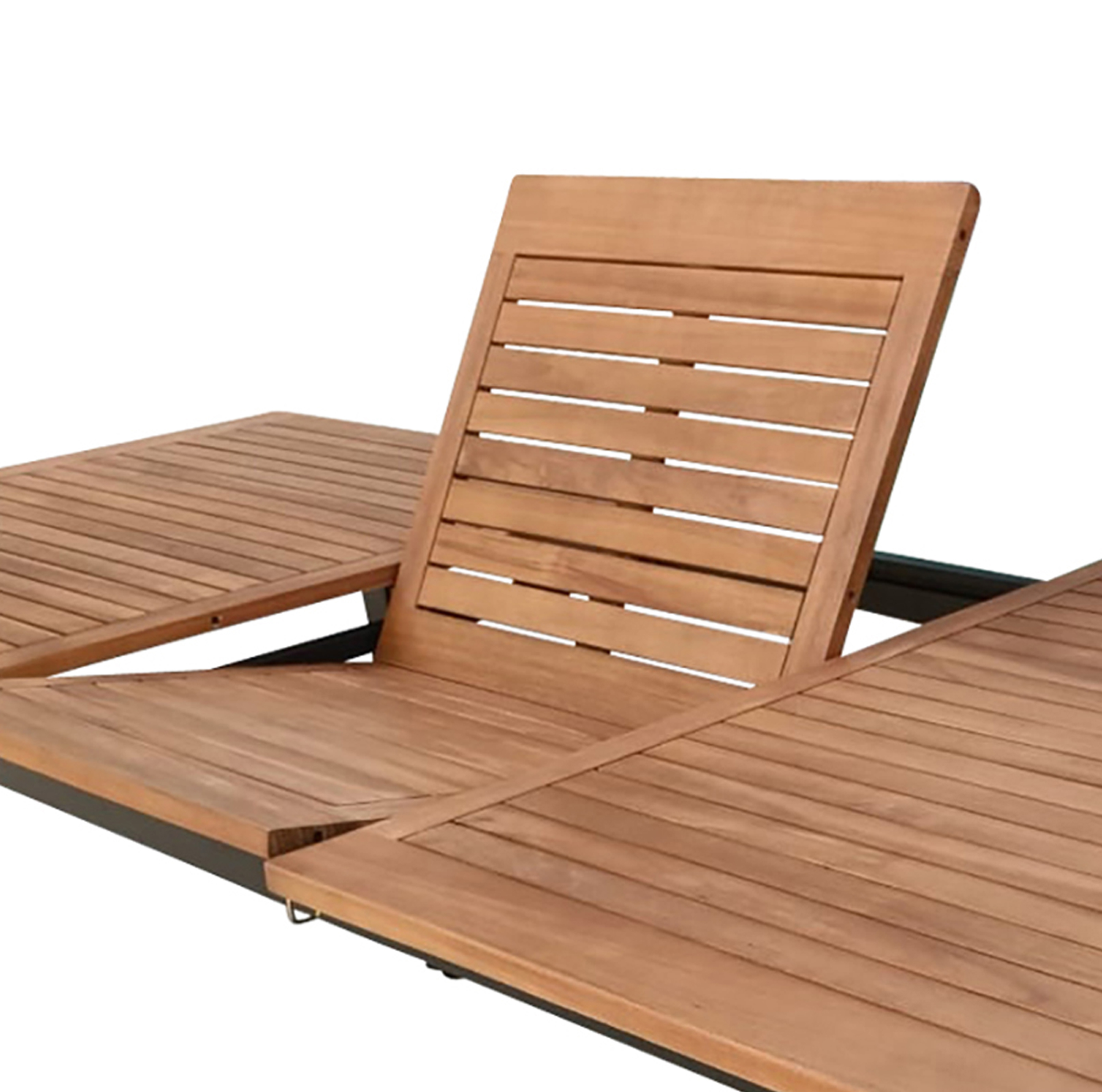 Ein ausziehbarer Holztisch mit Lamellenoberfläche und verstellbarer Rückenlehne.