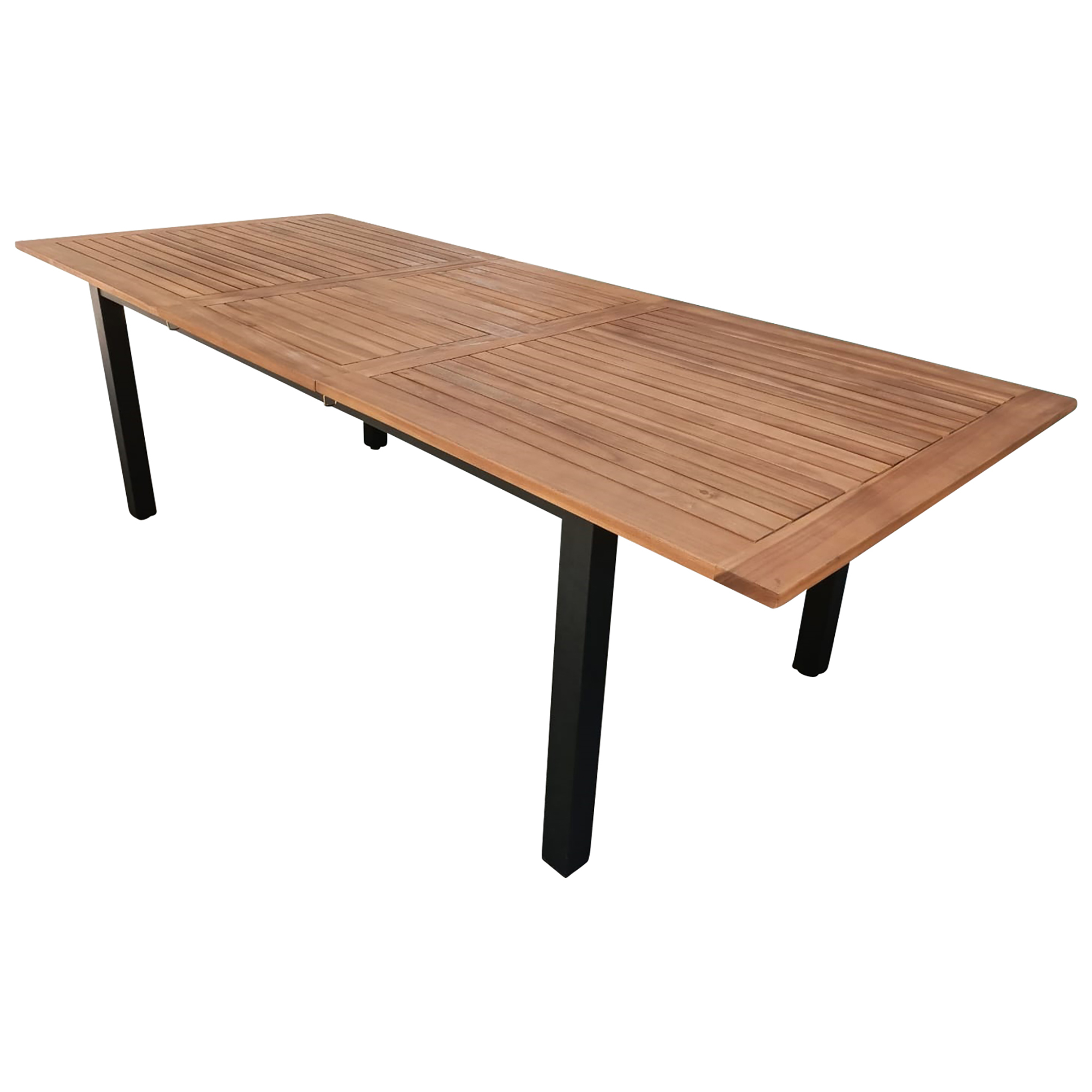Ein rechteckiger Holztisch mit schwarzen Metallbeinen.