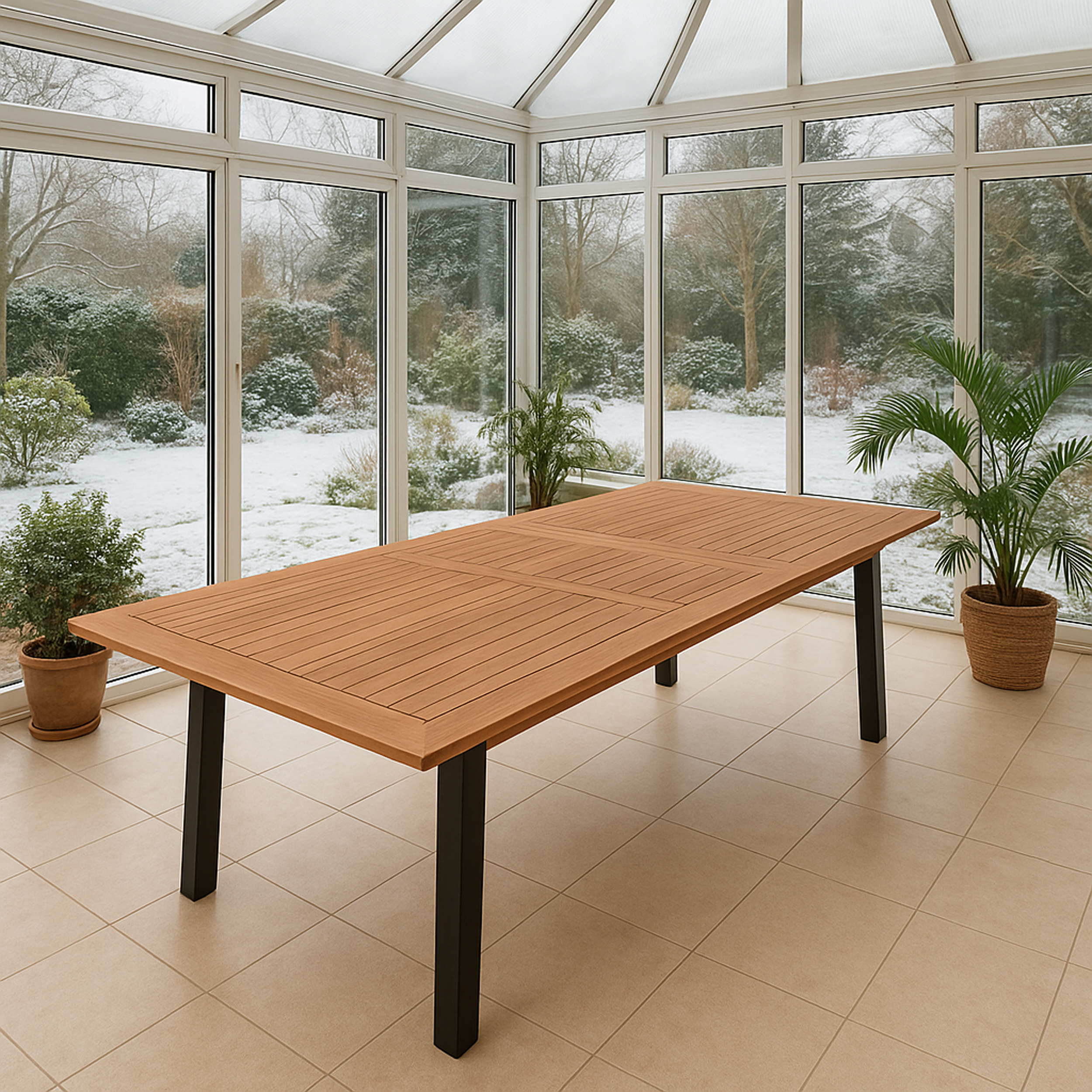 Ein Holztisch steht in einem Wintergarten mit Blick auf einen verschneiten Garten.