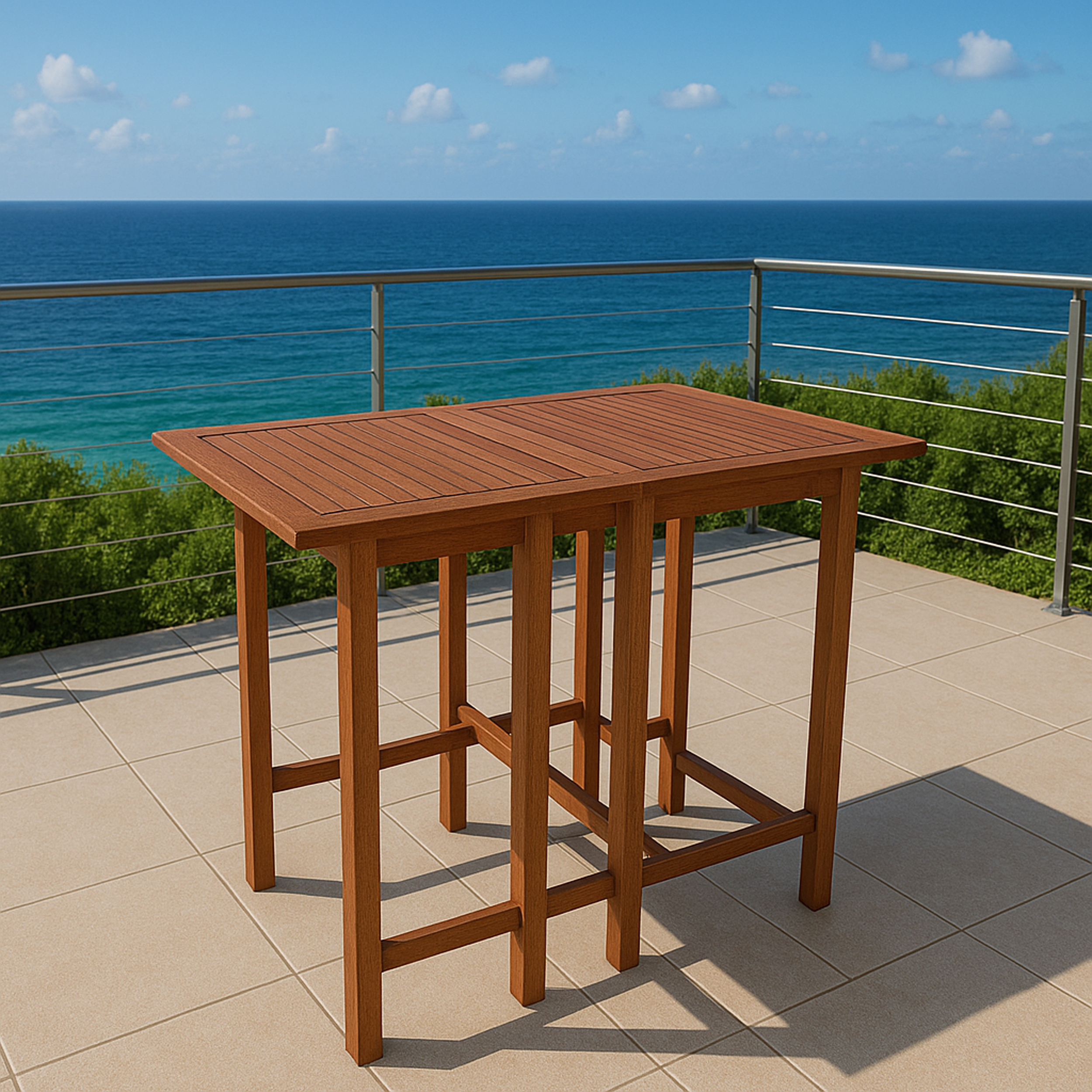 Holztisch auf einer Terrasse mit Blick auf das Meer und den blauen Himmel.