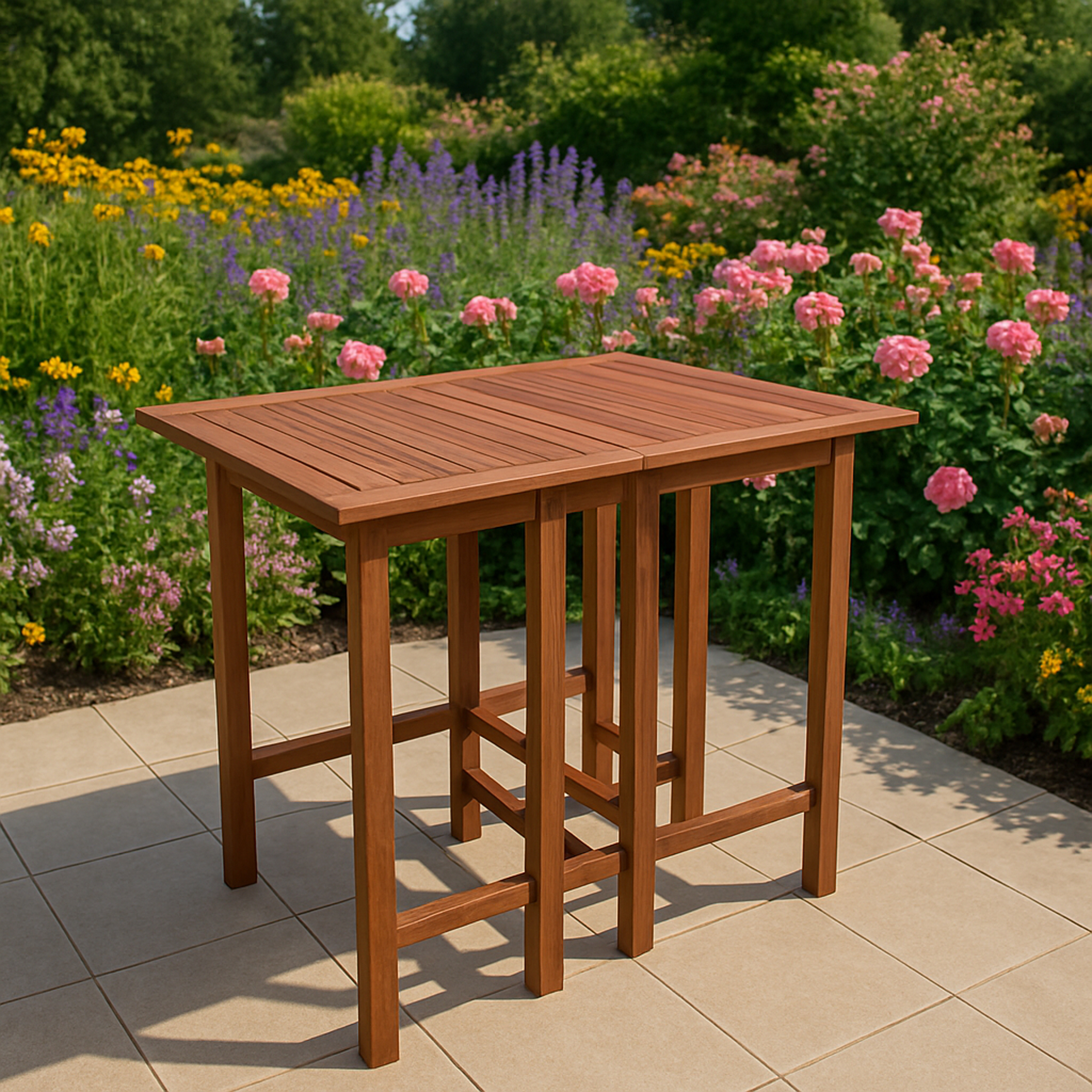 Ein brauner Holztisch steht auf einer gefliesten Terrasse, umgeben von Blumen.