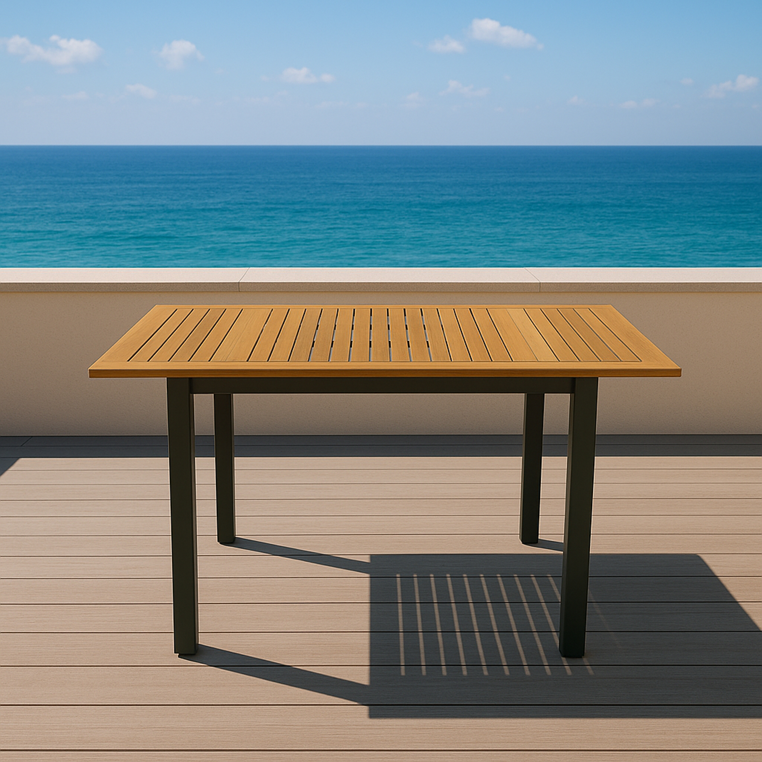 Holztisch mit dunklem Gestell auf Holzdeck am Meer.