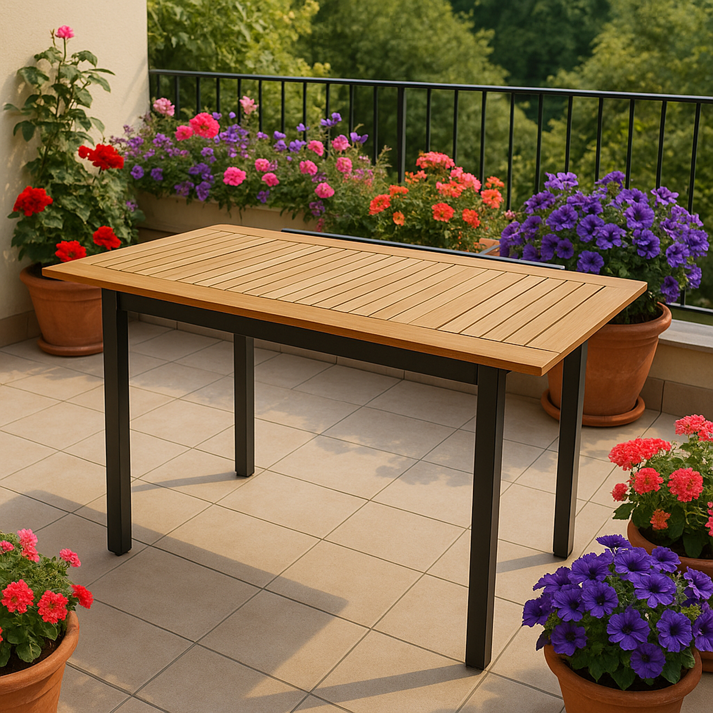 Holztisch auf gefliester Terrasse mit vielen blühenden Pflanzen in Töpfen.