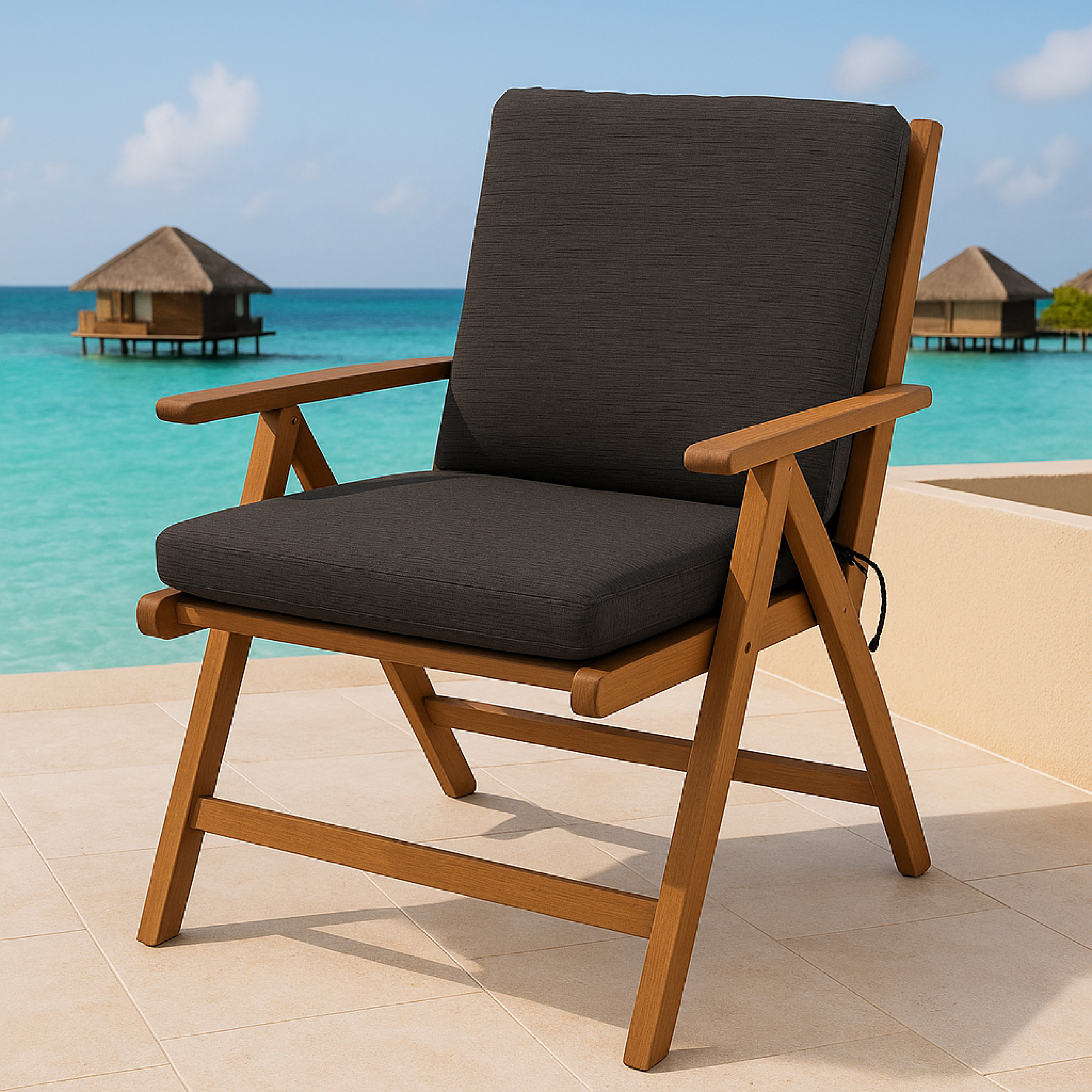 Ein Holzstuhl mit dunklem Kissen steht auf einer Terrasse am Meer.