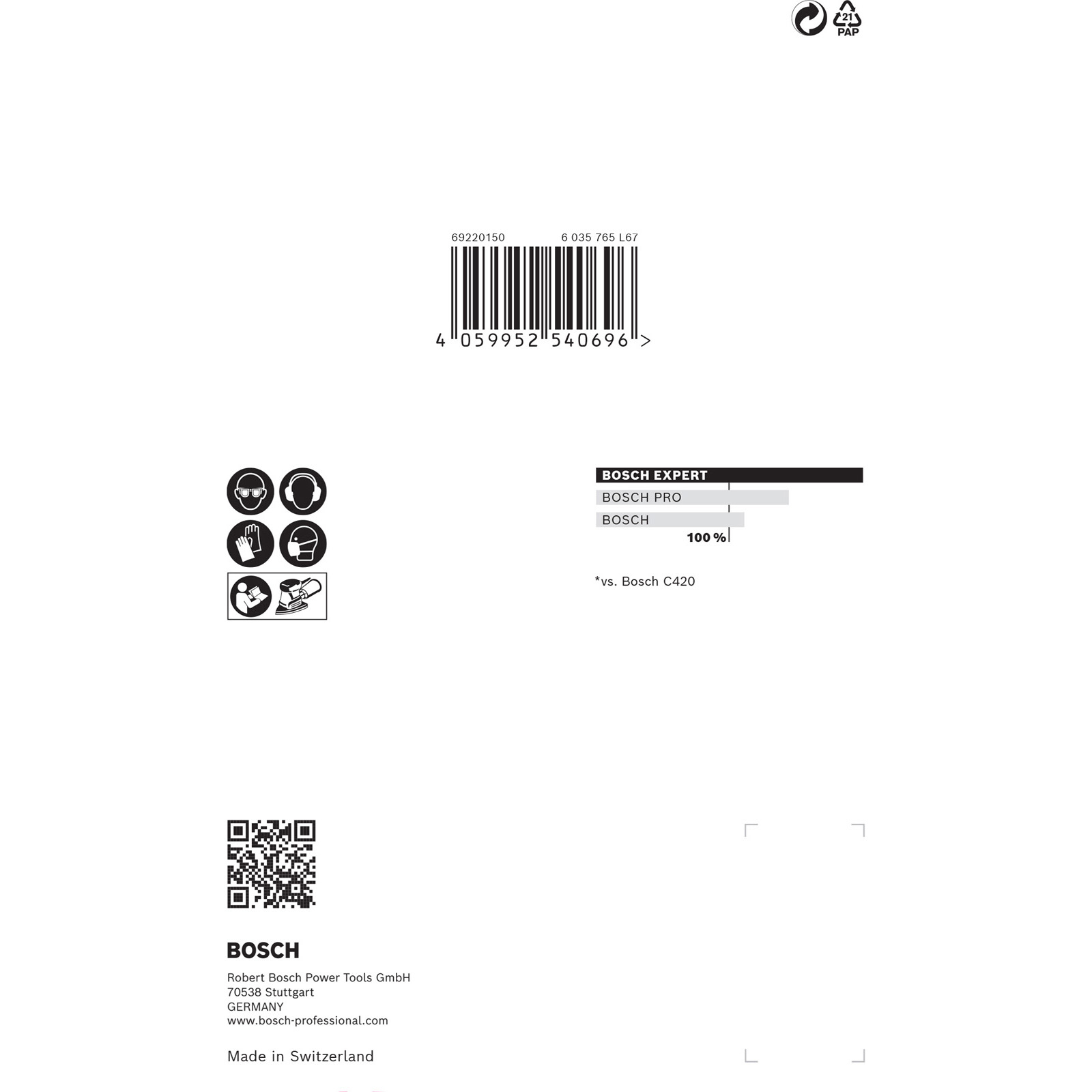 Sicherheits- und Leistungssymbole, Barcode, QR-Code und Bosch-Logo.
