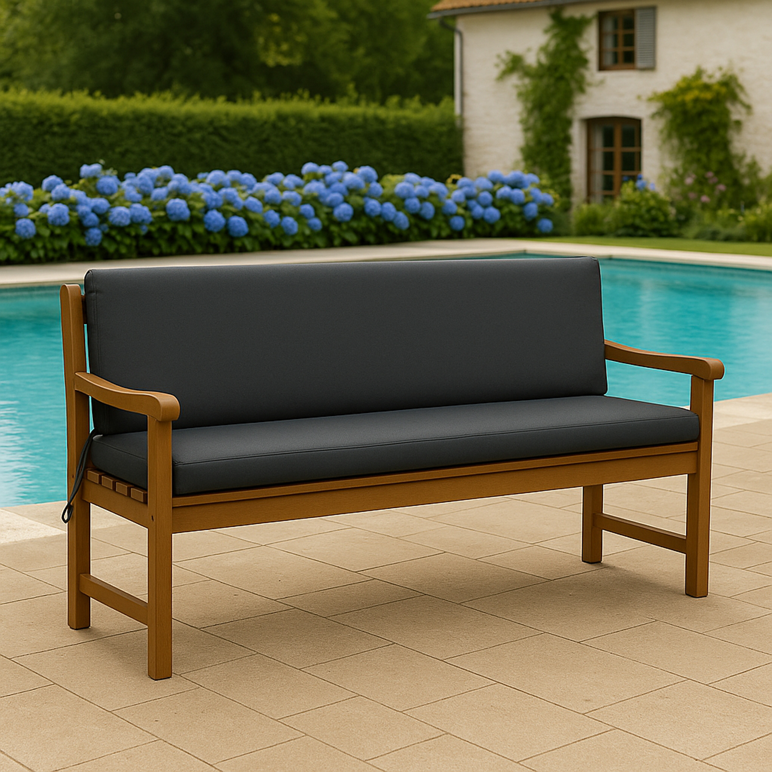 Holzbank mit dunklen Polstern am Pool mit blauen Hortensien und Haus.