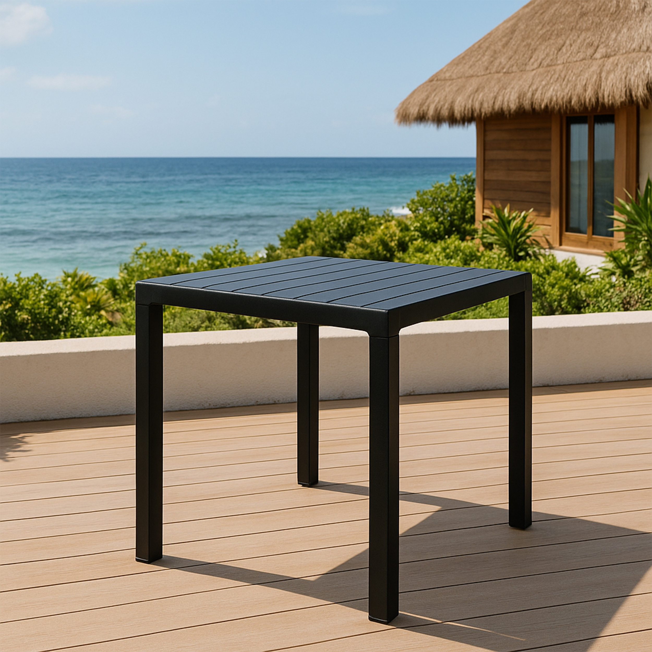 Ein schwarzer Tisch steht auf einer Holzterrasse mit Blick auf das Meer und ein Strohdachhaus.