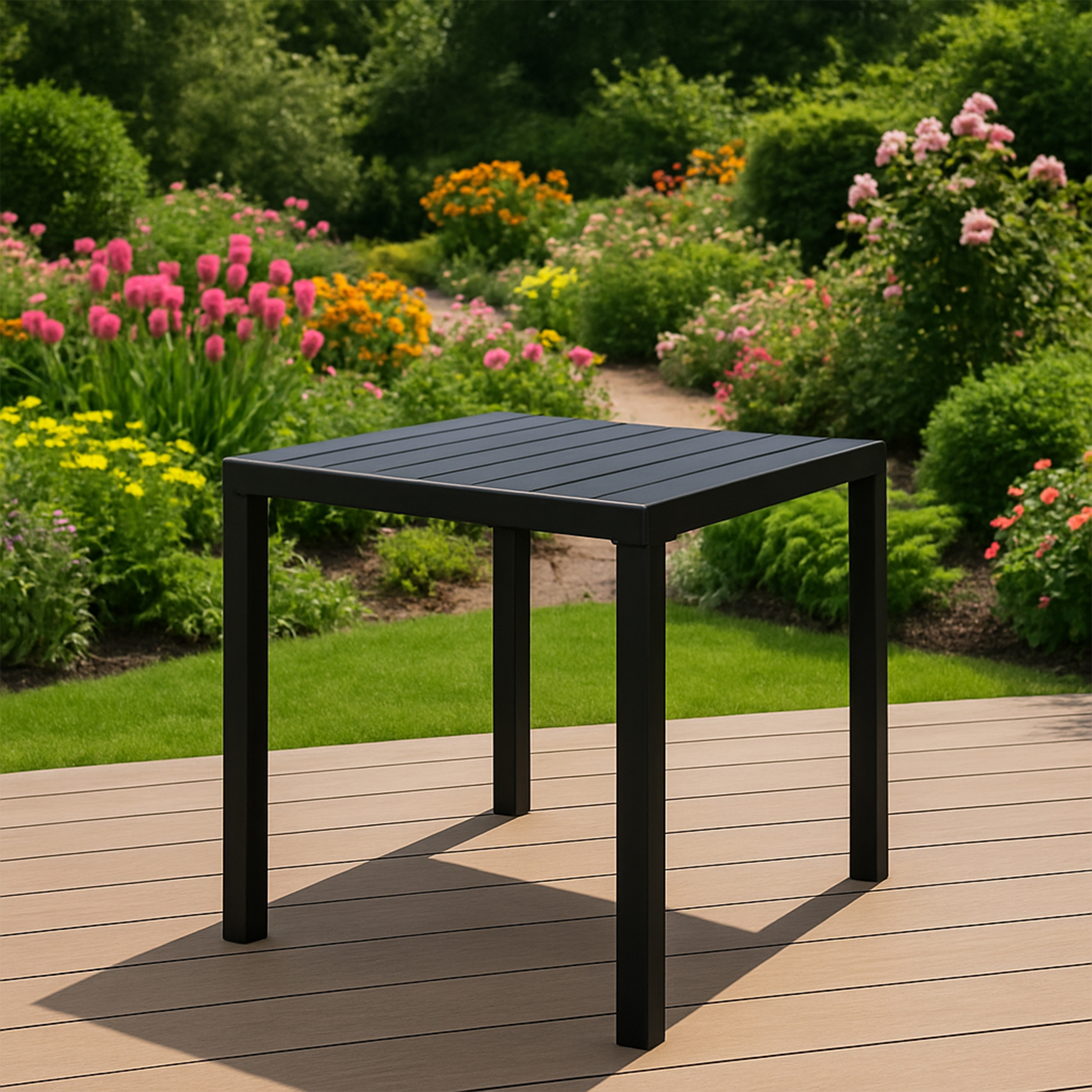 Ein schwarzer Tisch steht auf einer Holzterrasse, umgeben von einem blühenden Garten.