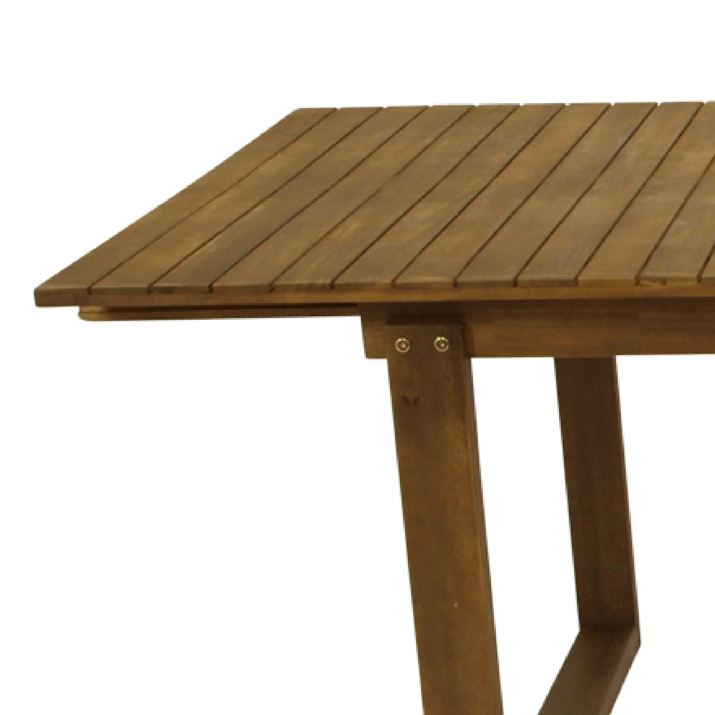Detailaufnahme einer hölzernen Tischplatte mit Latten und Beinen.
