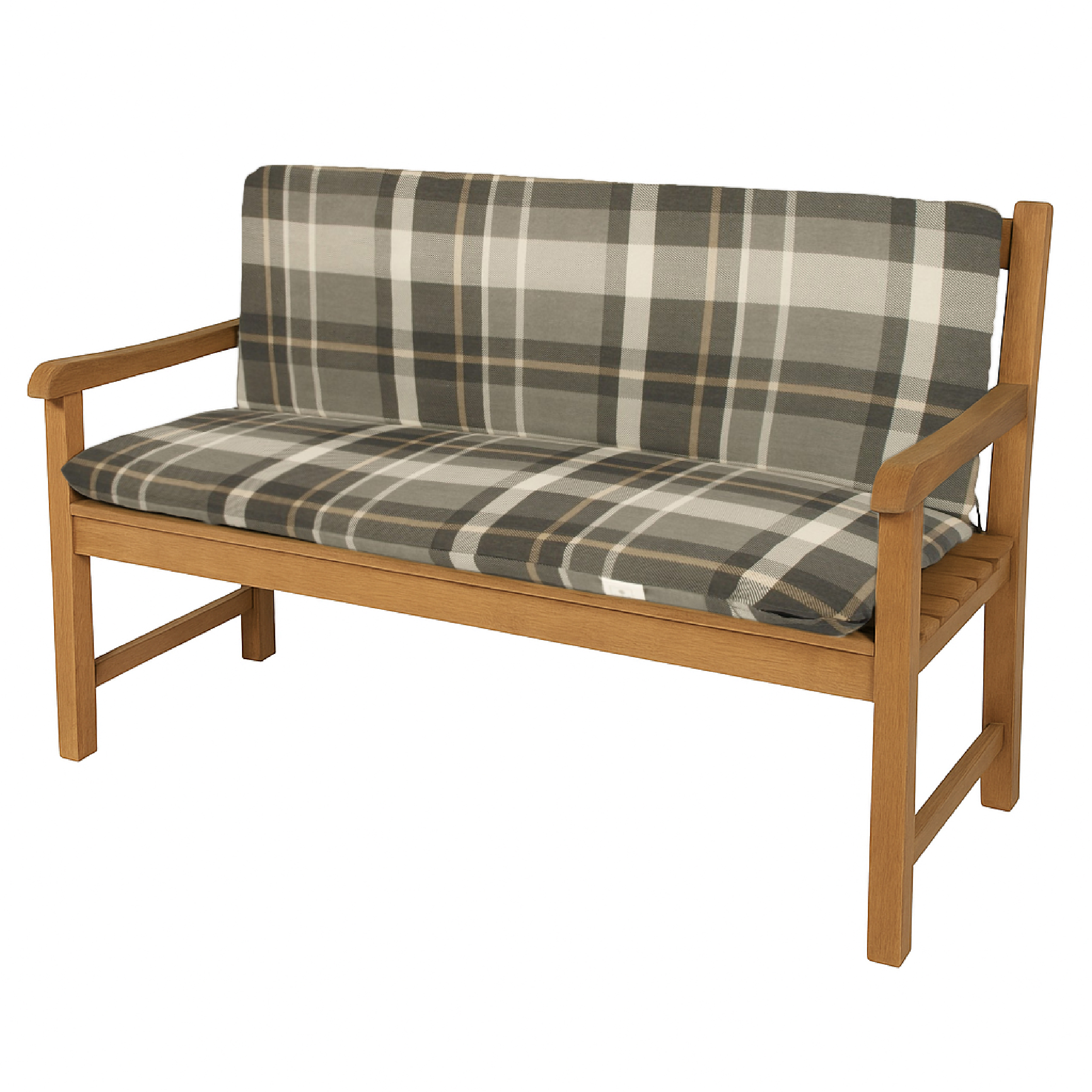 Eine Holzbank mit karierten Kissen in Grau und Beige.