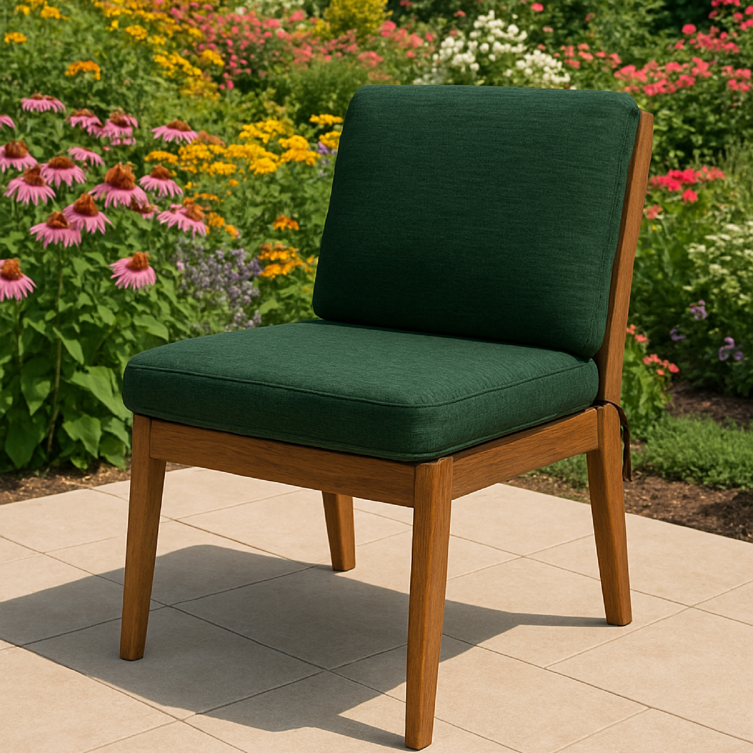 Ein dunkelgrüner gepolsterter Holzstuhl steht auf einer gefliesten Terrasse vor einem bunten Garten.