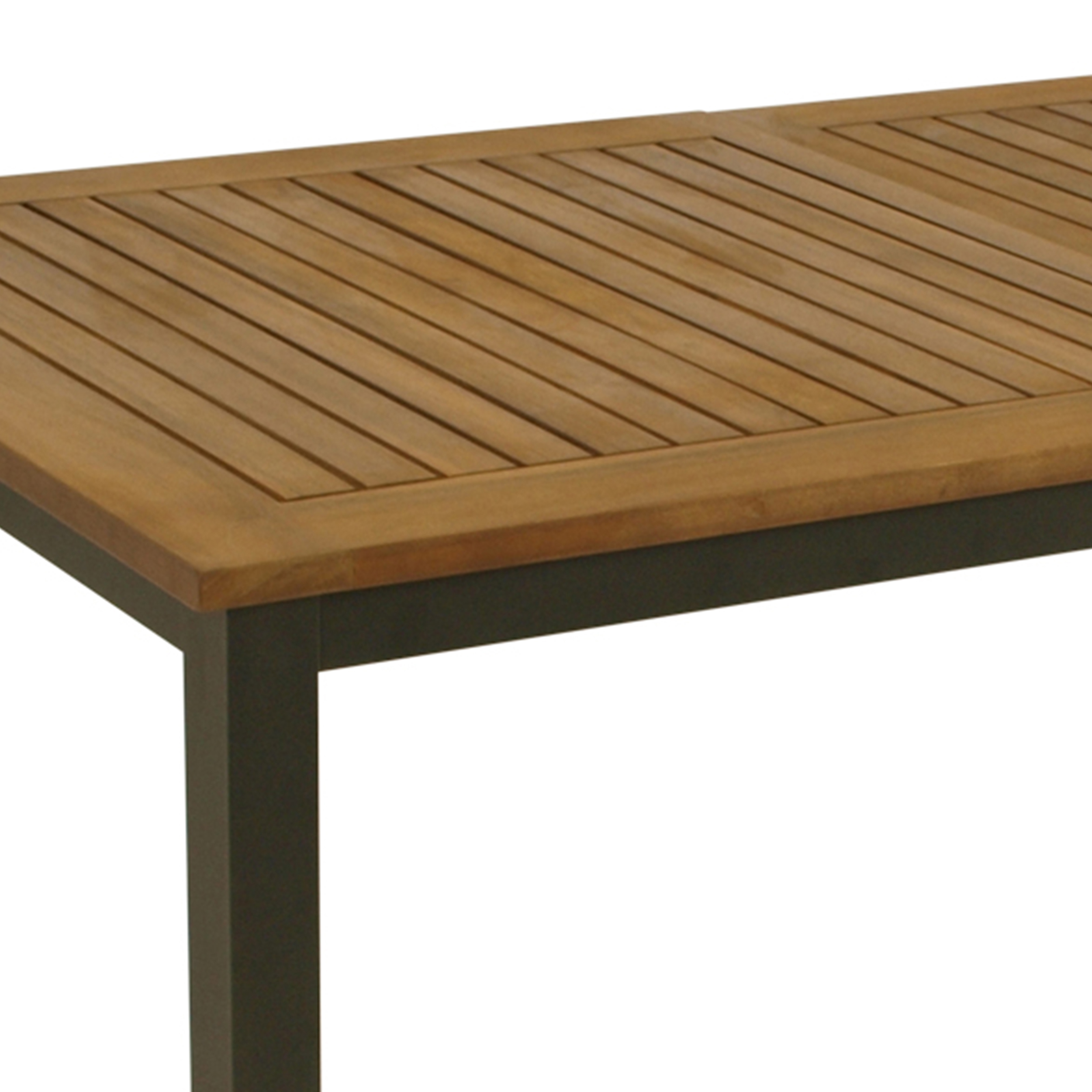 Holztisch mit dunklem Metallgestell, Lamellenoberfläche.