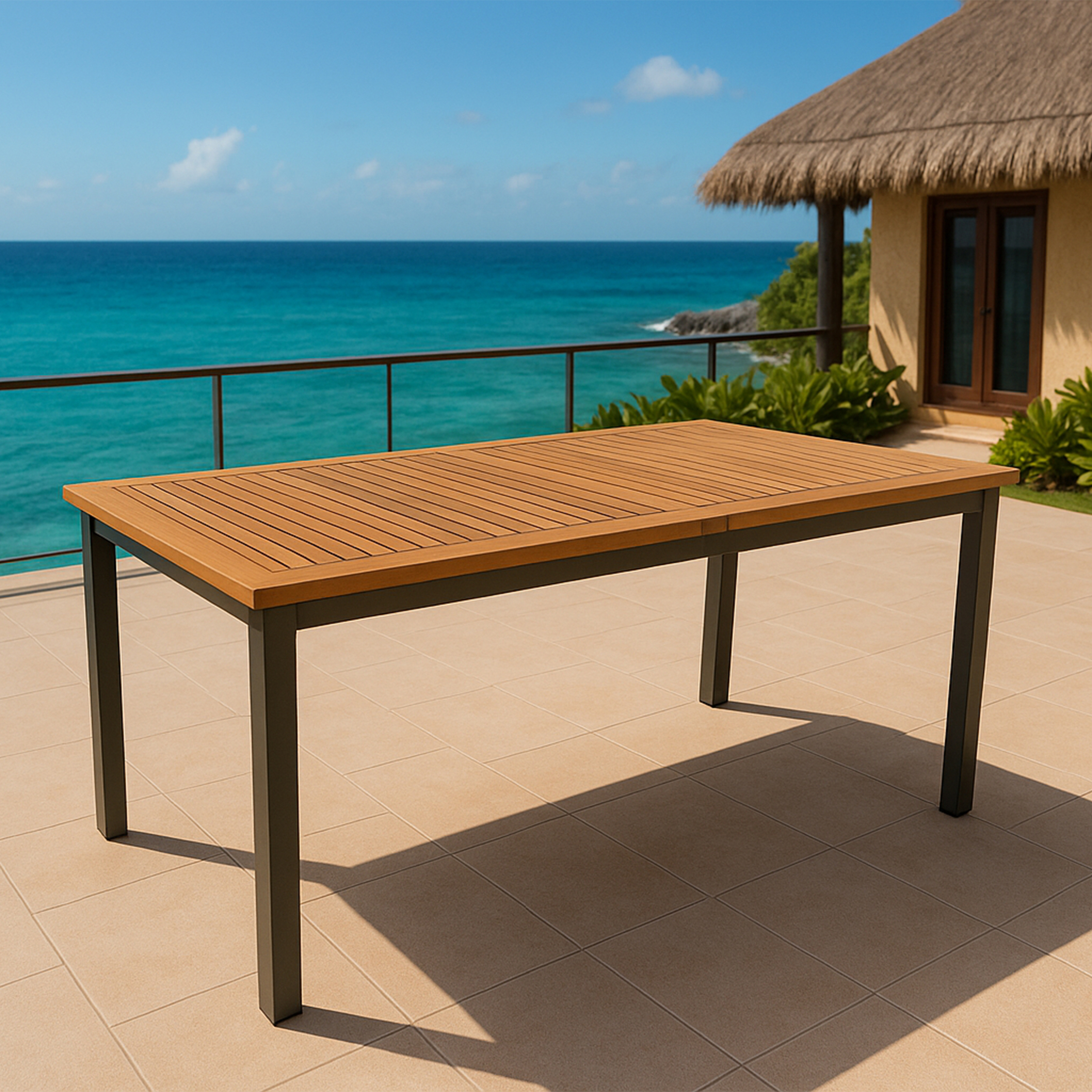 Ein Holztisch steht auf einer gefliesten Terrasse am Meer mit einem strohgedeckten Gebäude.
