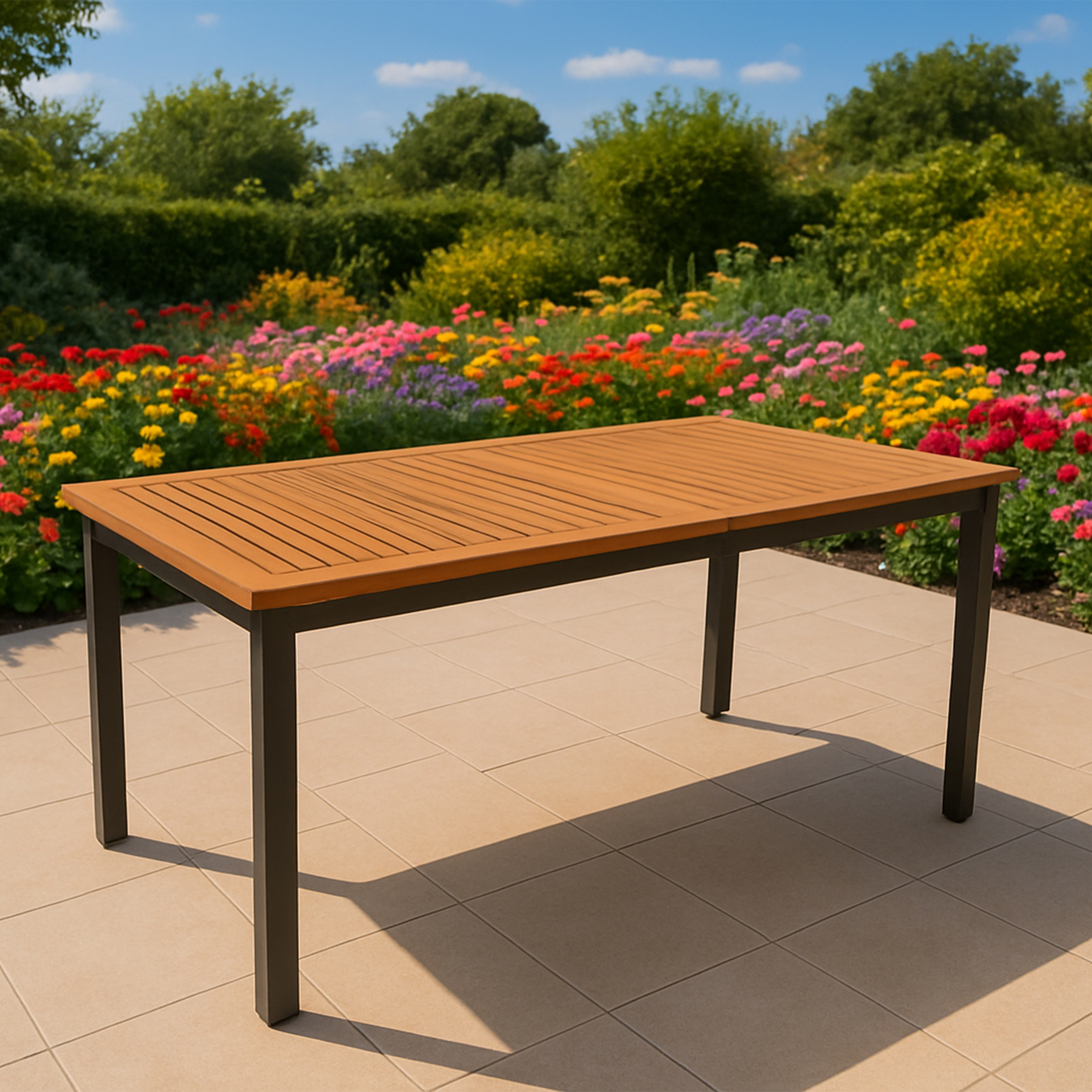 Ein Holztisch mit dunklem Metallgestell steht auf einer gefliesten Terrasse, dahinter bunter Blumengarten.