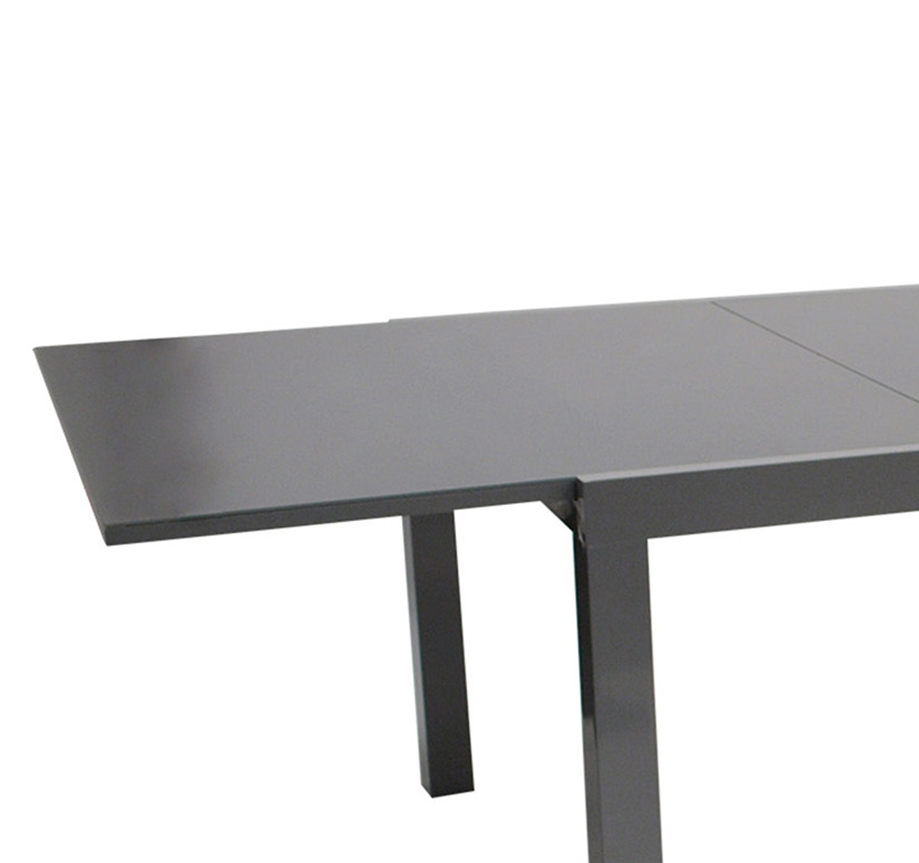 Ein grauer Tisch mit Metallbeinen, teilweise ausgezogen.