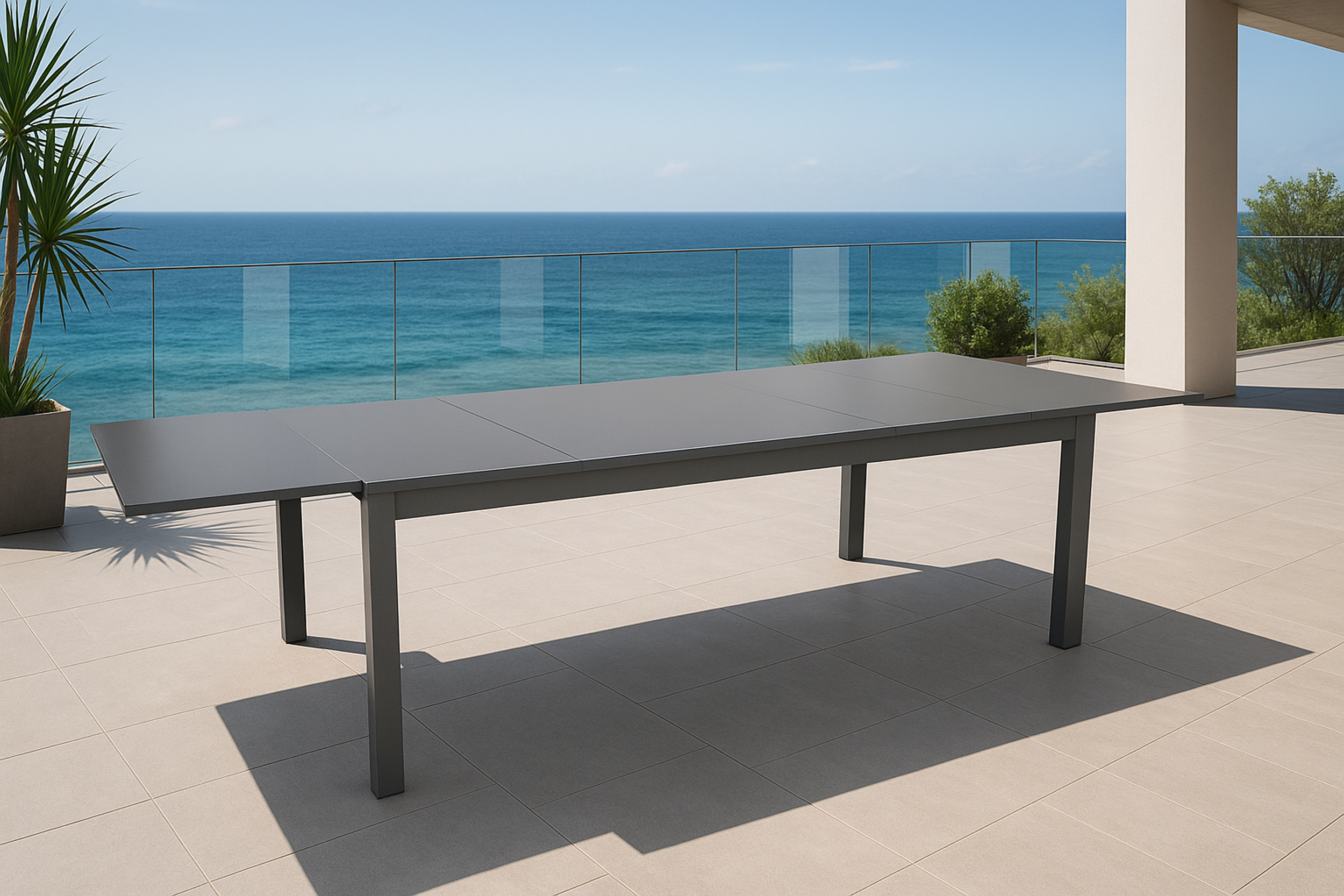 Ein grauer Ausziehtisch auf einer gefliesten Terrasse mit Blick auf das Meer.