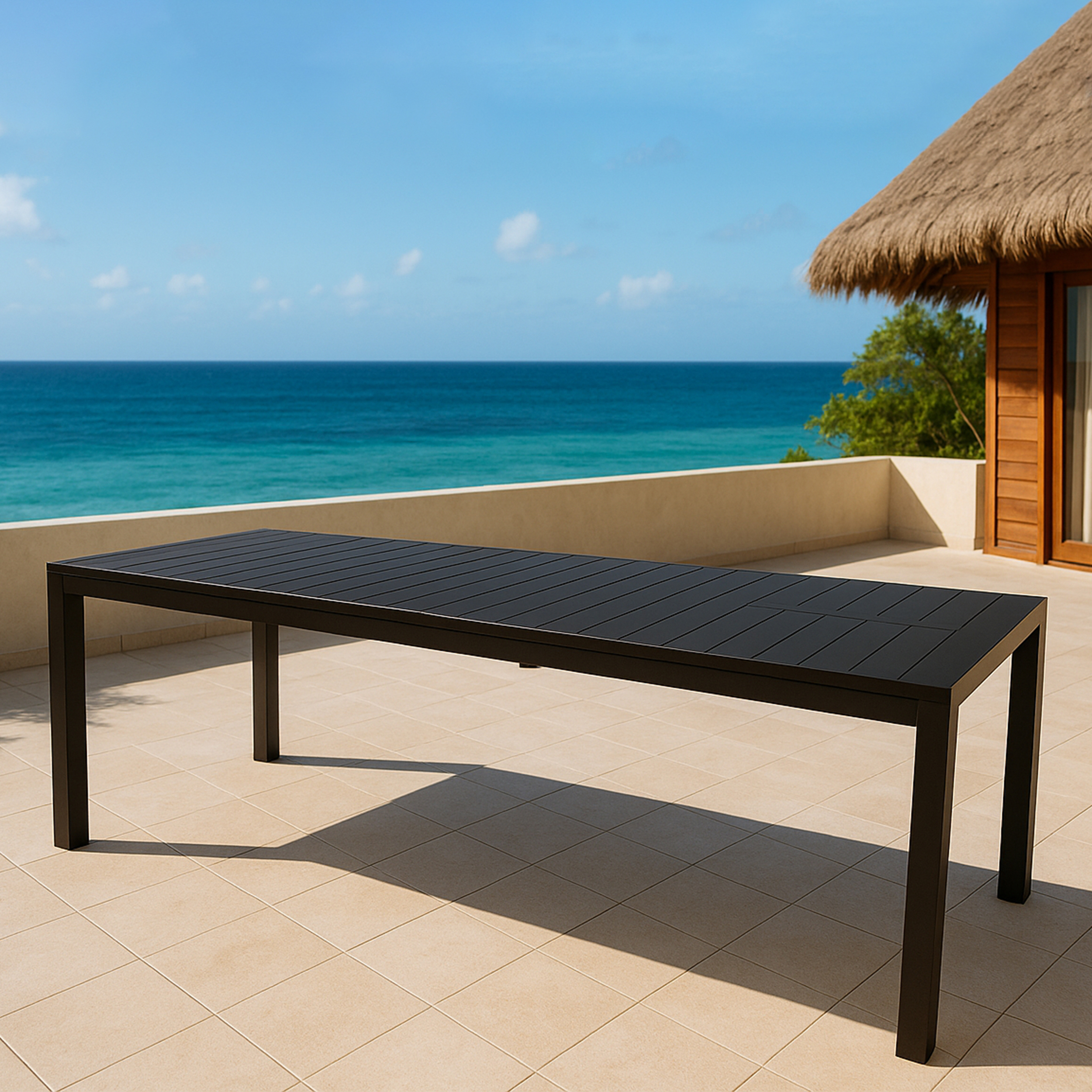 Ein schwarzer Tisch steht auf einer gefliesten Terrasse am Meer.