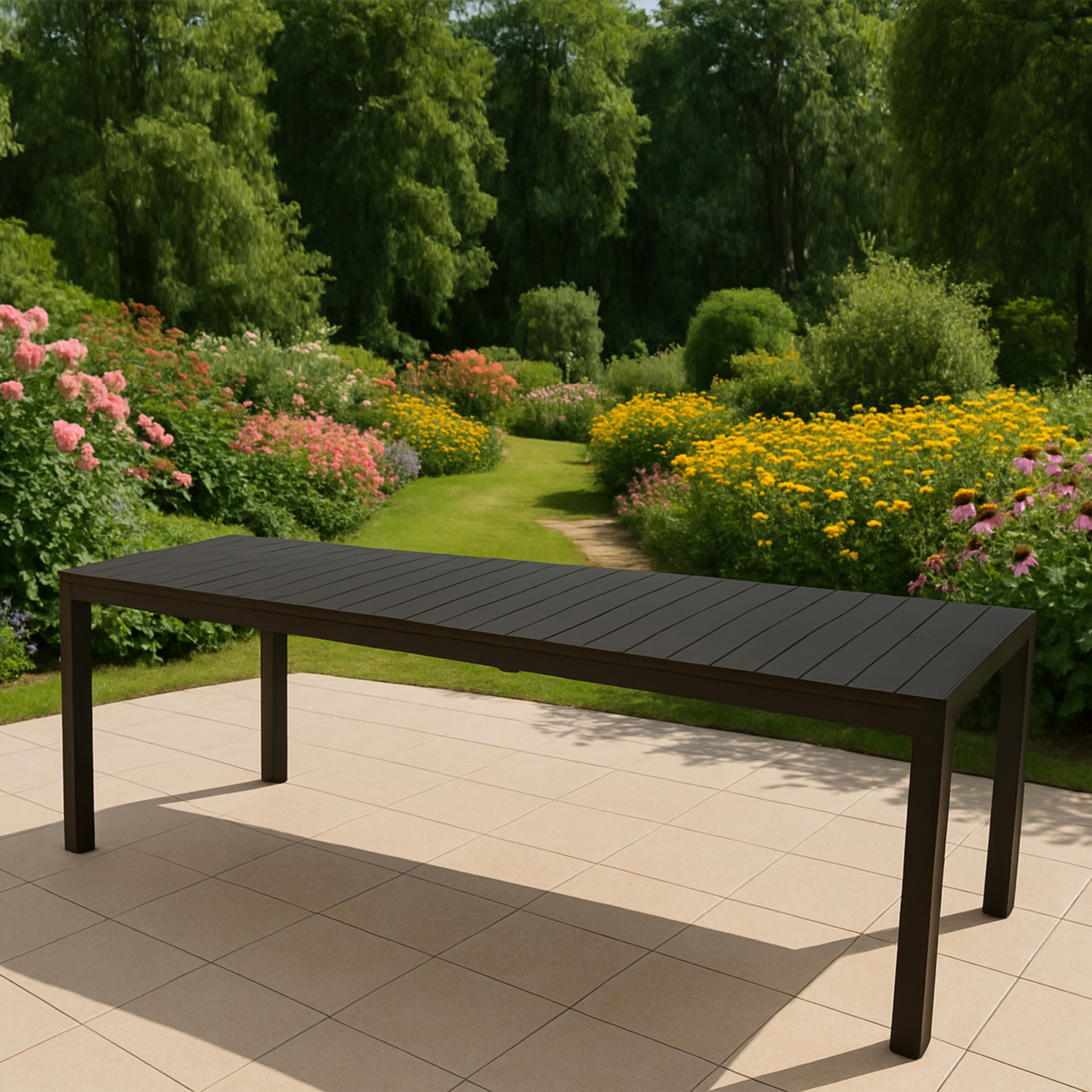 Ein dunkler rechteckiger Tisch steht auf einer gefliesten Terrasse vor einem blühenden Garten.