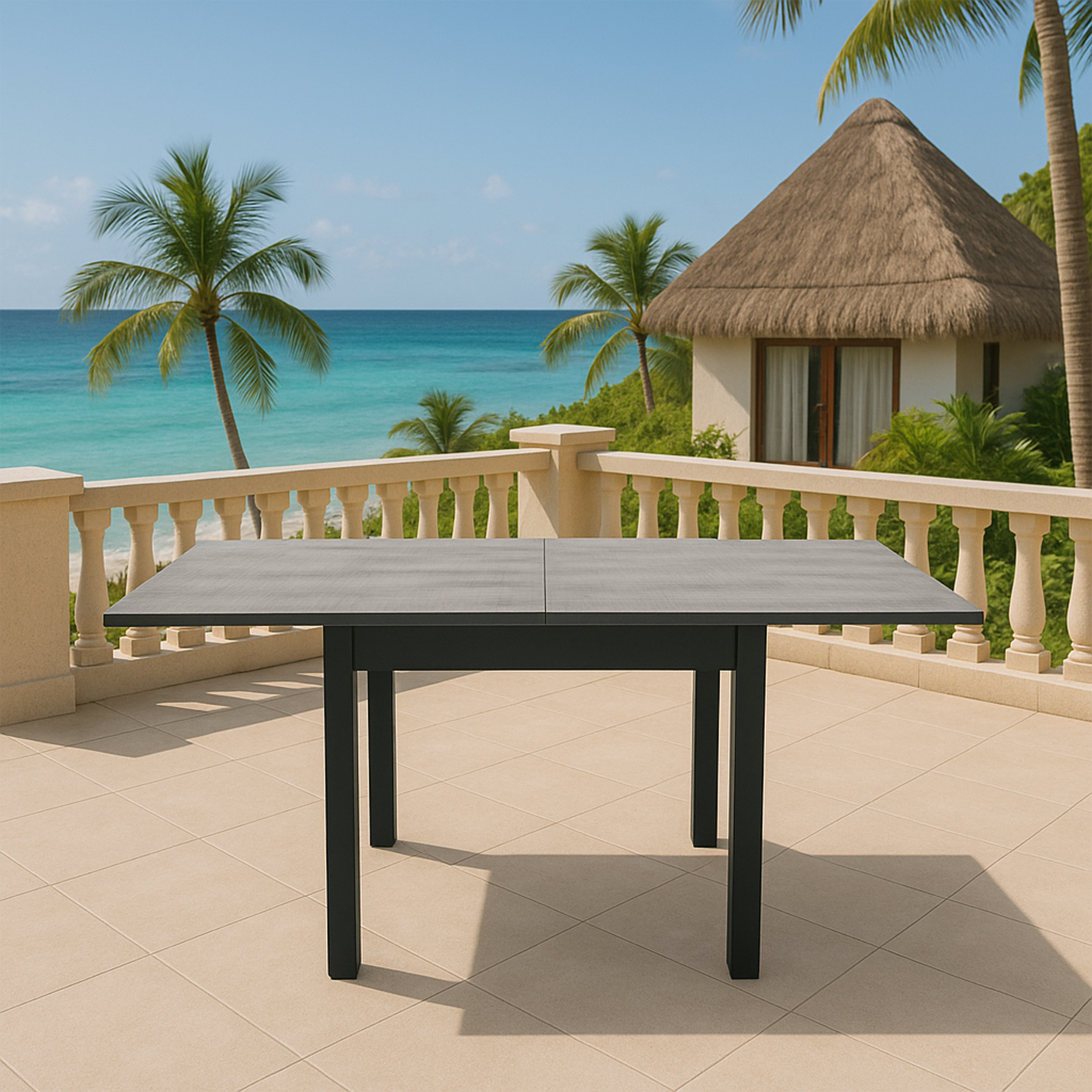 Ein rechteckiger Tisch mit grauer Platte steht auf einer gefliesten Terrasse am Meer.