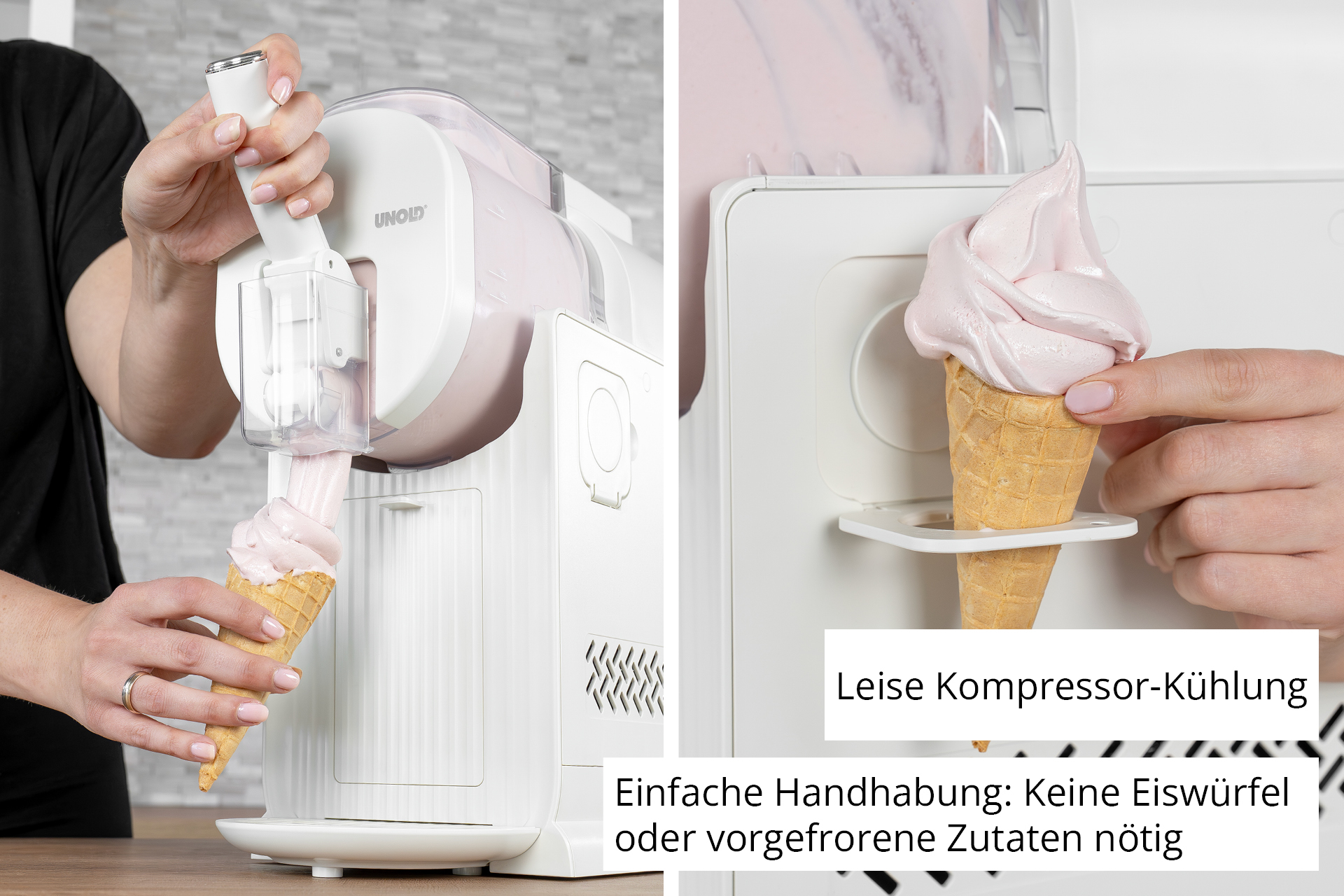 Una gelatiera bianca produce gelato soft rosa in un cono.